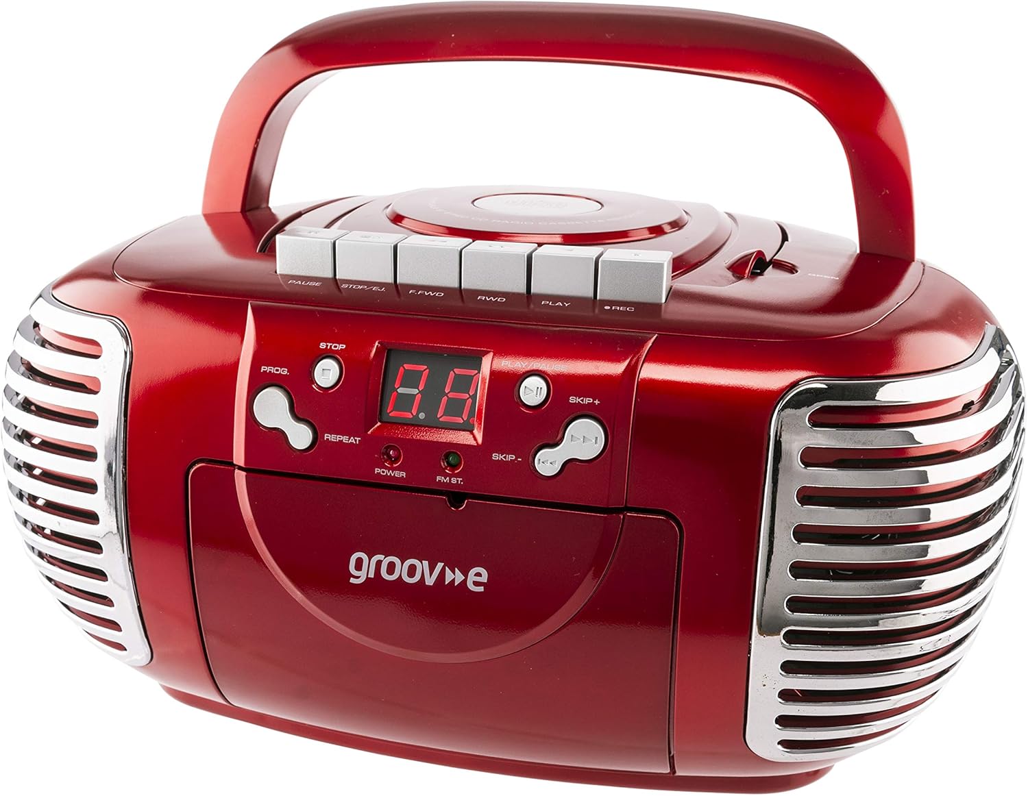 Groov-e Retro Boombox CD Player with Cassette, FM Radio Tuner, 3.5mm AUX in Socket for Smartphones & LED Display - Red, GVPS813/RD