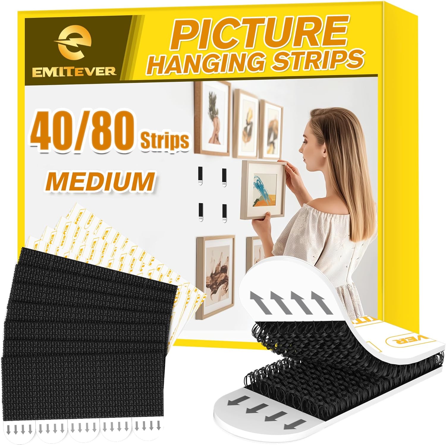 EMITEVER Picture Hanging Strips Heavy Duty, Damage Free Hanging Picture Hangers, Picture Hanging Kit, Hanging Hooks Without Nails, Medium Wall Strips Adhesive Poster Sticky Black 20-Pairs (40 Strips)