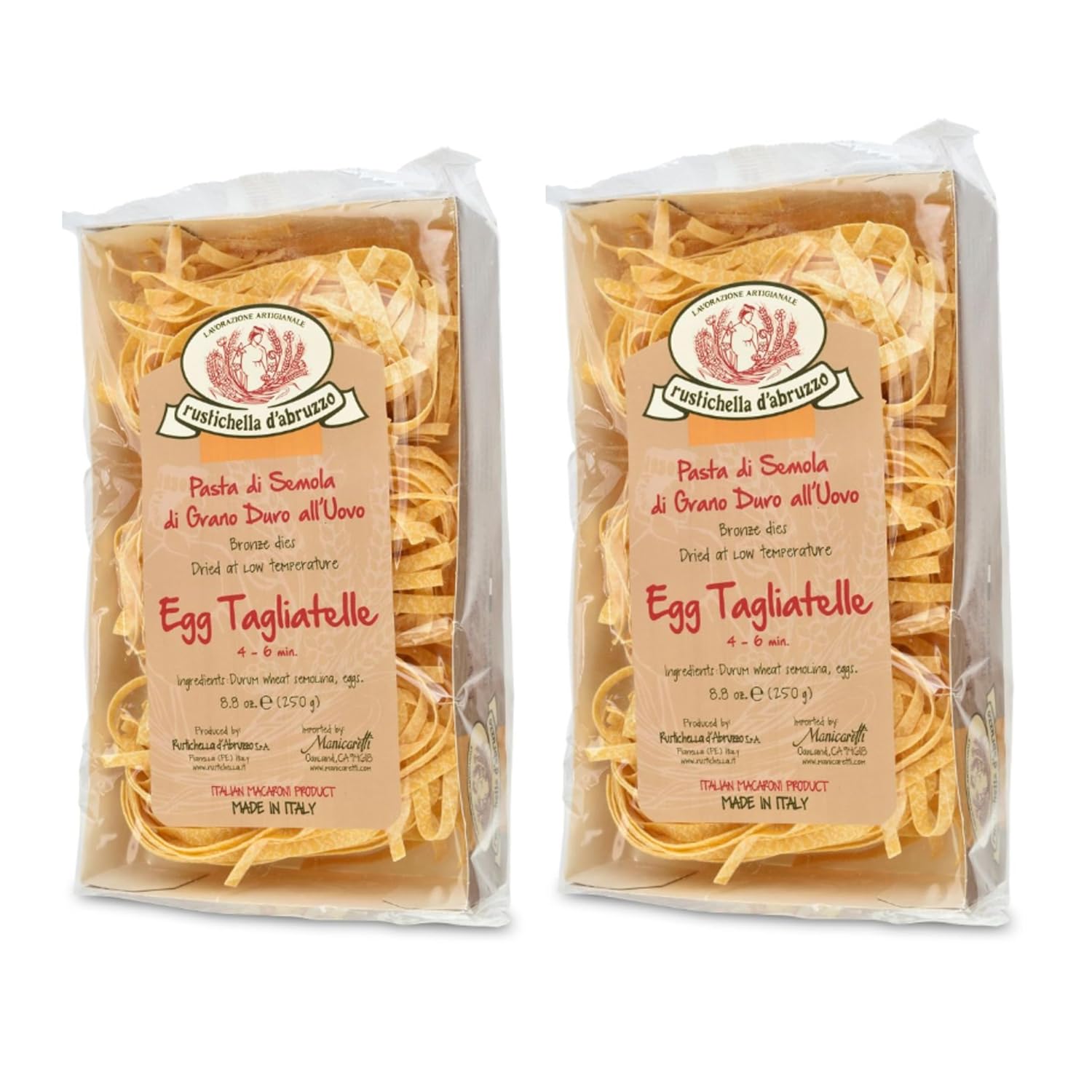 Rustichella d'Abruzzo Egg Tagliatelle (Pack of 2), 250g Each - Traditional Egg Pasta - Authentic Italian Taste - Perfect for Bolognese & Cream Sauces