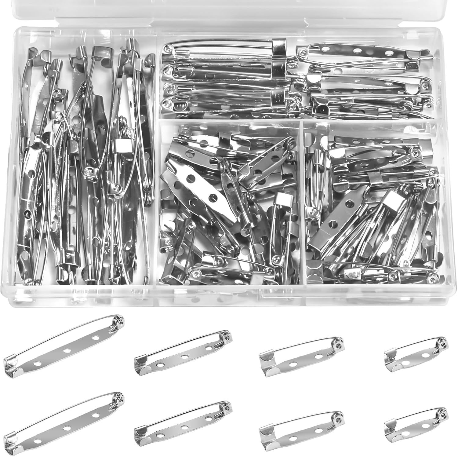 100pcs Brooch Pin Backst - 20mm/25mm/35mm/45mm Silver Bar Pins & Clasp Backings for Jewelry Making, Badges, Crafts, Name Tags and DIY Accessories