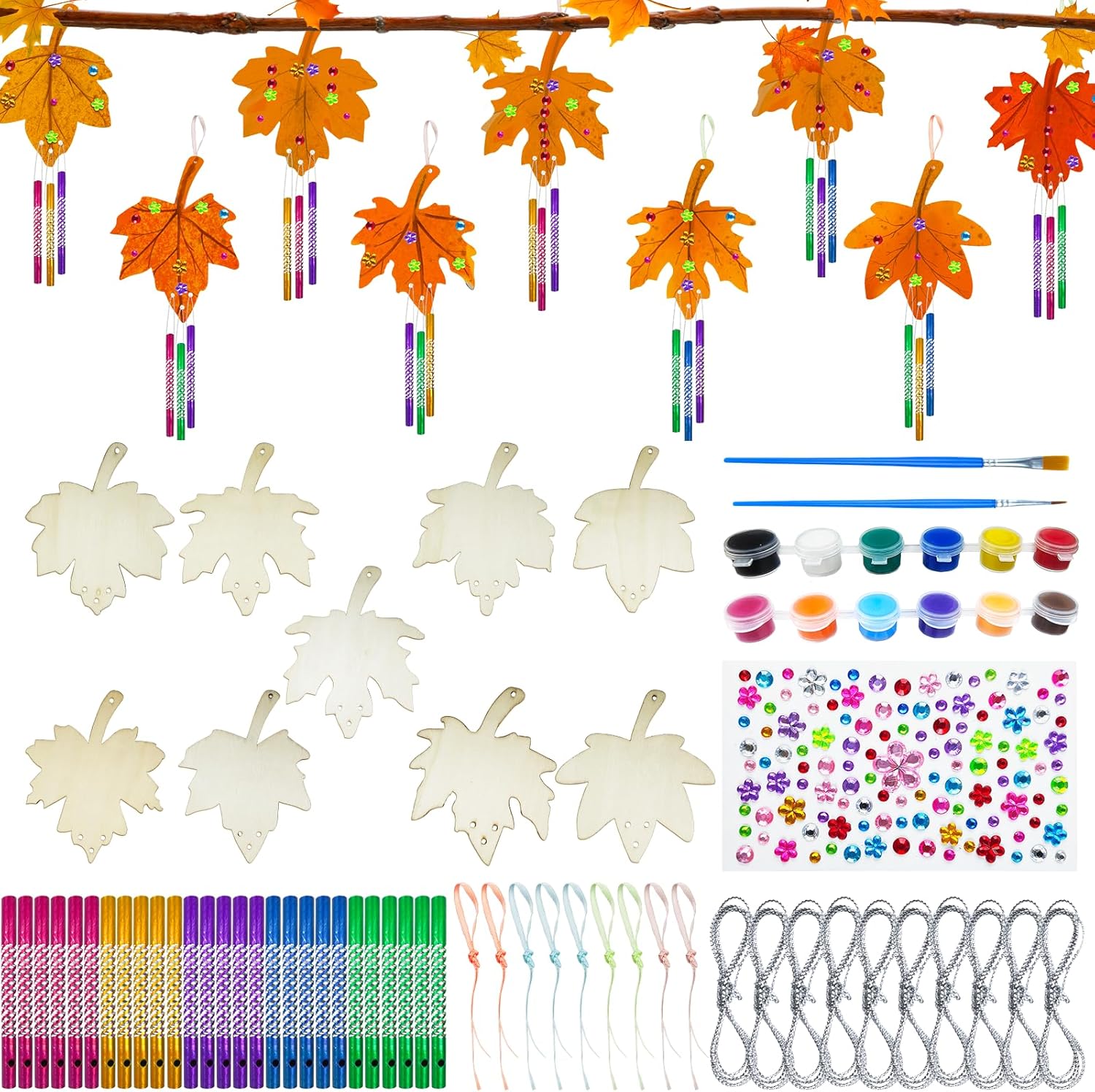 9 Pack Maple Leaves Wind Chime Craft Kit for Girls Boys, Make Your Own Crafts Kit, DIY Wooden Arts and Crafts, Wind Chimes Outdoor Indoor, Paint Your Own Sets for Halloween Window Balcony Autumn Decor