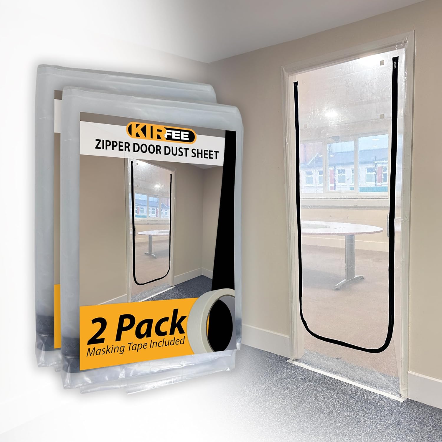 KIRFEE 2 Pack Plastic Door Covers for Interior Doors | Dust Door Sheet with Zip 1.2m x 2.2m | Includes Masking Tape | Perfect Door Covers for Decorating and DIY Projects | Plastic Door Curtain.