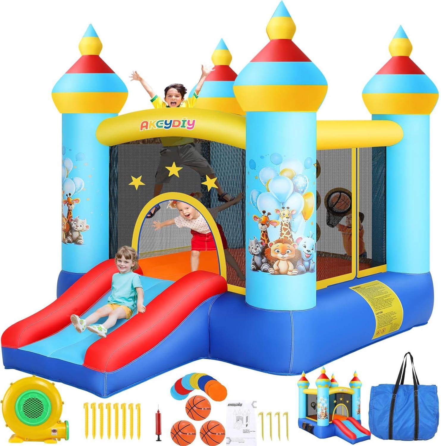 AKEYDIY Inflatable Bounce House,Kids Bouncy Castle for 2~10, 8.9 ft L x 5.9 ft W x 6.9 ft H Indoor/Outdoor Bouncy House with 470W Blower,Pastel Bouncer Slide with Safety Net,Basketball Rim&Fun Toys