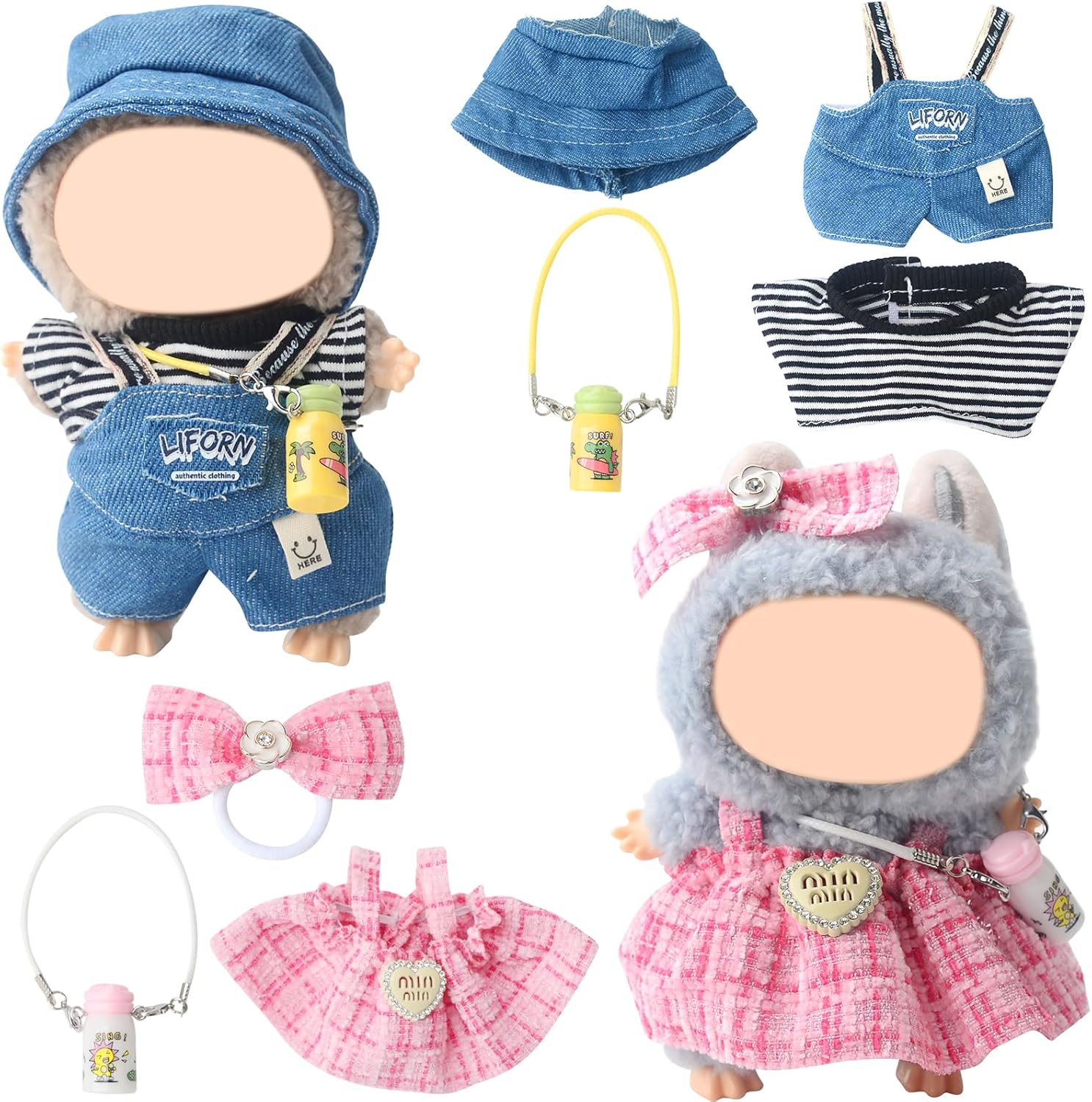 6 Pcs Clothes & Accessories for 17cm Labubu Dolls, Includes Pink Overalls Bow Hair Clip Camera Bag Hat for Girls Kids Birthday, Girl's Birthday Gift