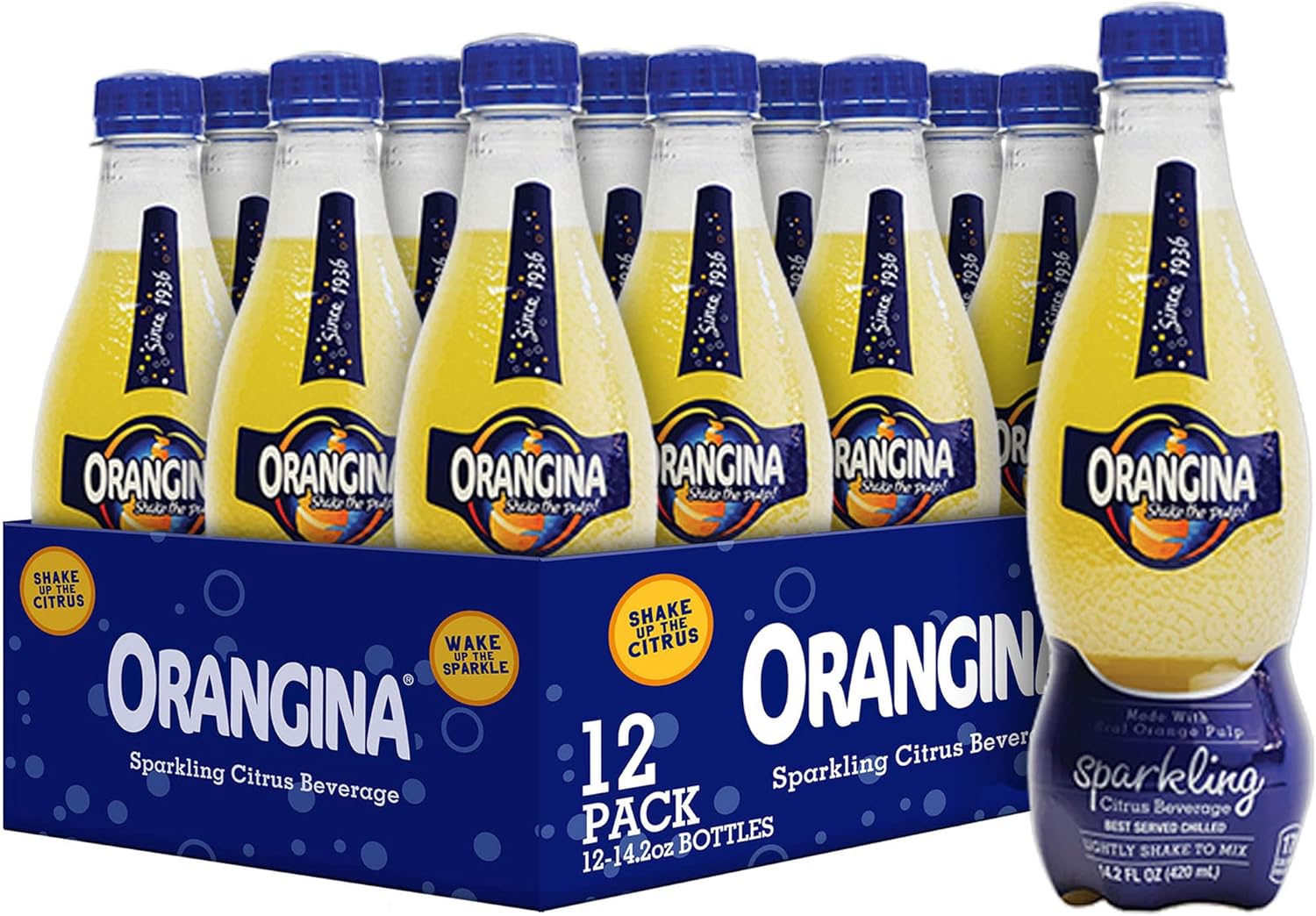 Orangina Sparkling Fruit Drink Made with Real Orange Pulp (14.2oz Plastic Bottles (Pack of 12))