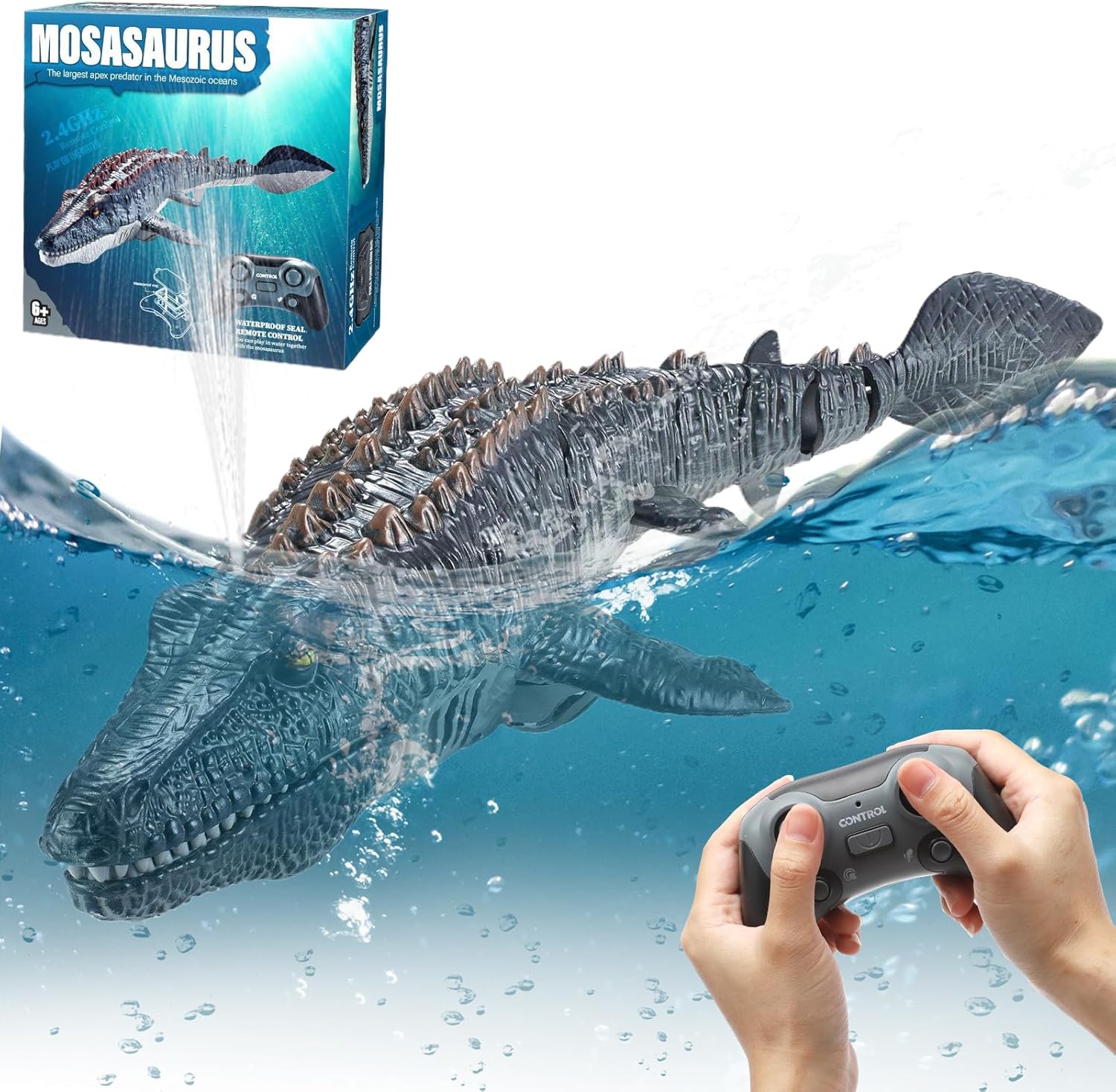 DAWRIS 2.4GHz Mosasaurus Remote Control Boat Toy Realistic Mosasaurus RC Submarine for Adults und Kids, Radio Controlled Boat with LED Light & Spray Mist Dual Propeller Toy for Pool Pond Bathroom