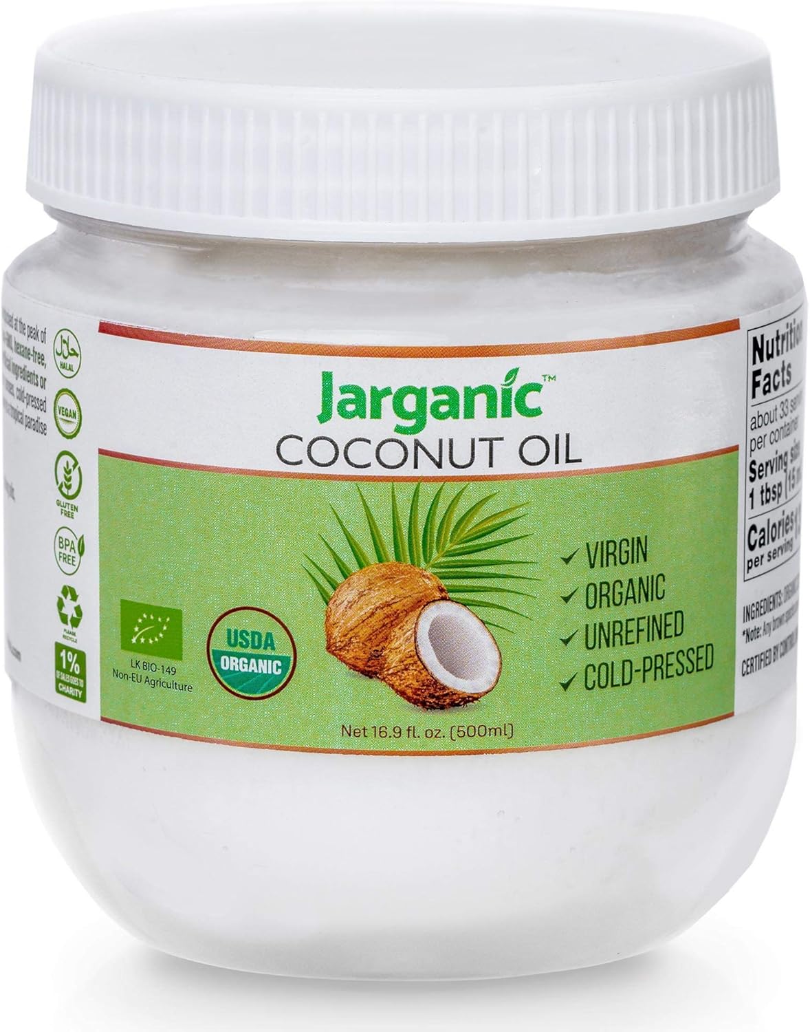 Organic Coconut Oil 500ml for Cooking Baking Hair Skin Body Face - Extra Virgin, Natural, Pure, Cold-Pressed, Unrefined - Vegan Keto Paleo Gluten Free