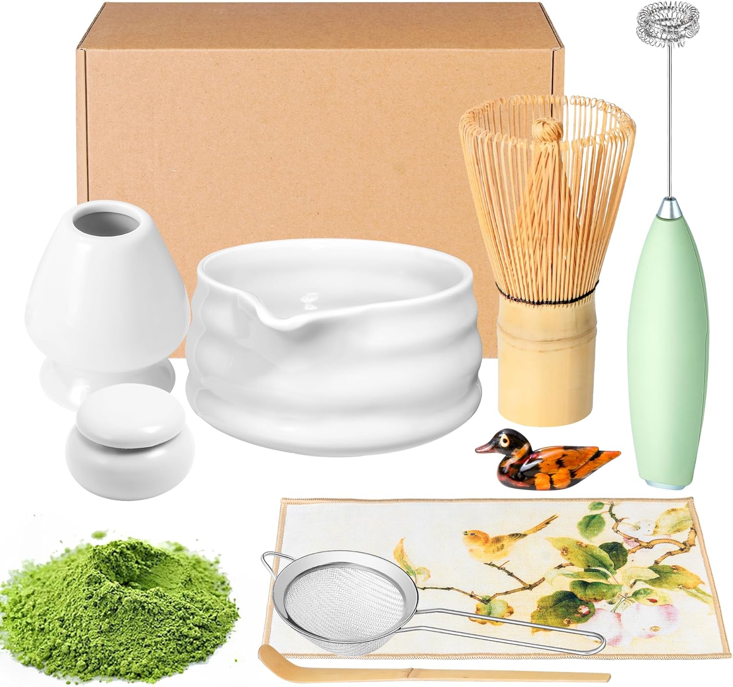 Matcha Whisk Set and Bowl, Matcha Making Kit Whisk, Bowl With Spout, Powder Starter Sifter, Ceramic Whisk Holder, Spoon Japanese Tea Tools For Ceremony Gift (White, 9 Pack)