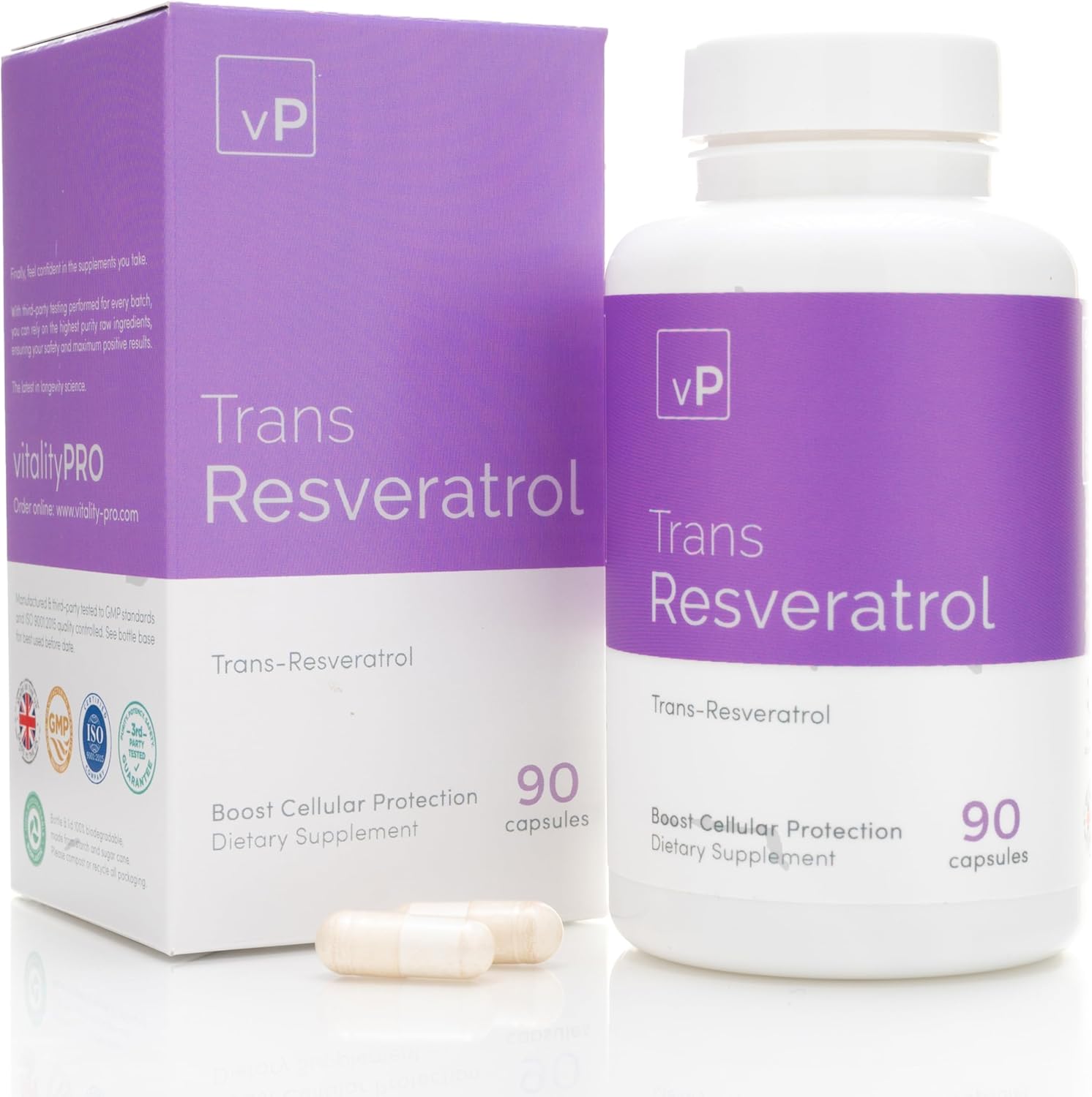 vP Vitality Pro Trans Resveratrol Supplements, 90 Capsules - 500 milligrams Pure Trans Resveratrol Powder for Vitality & Immunity Support - Vegan Dietary Supplements