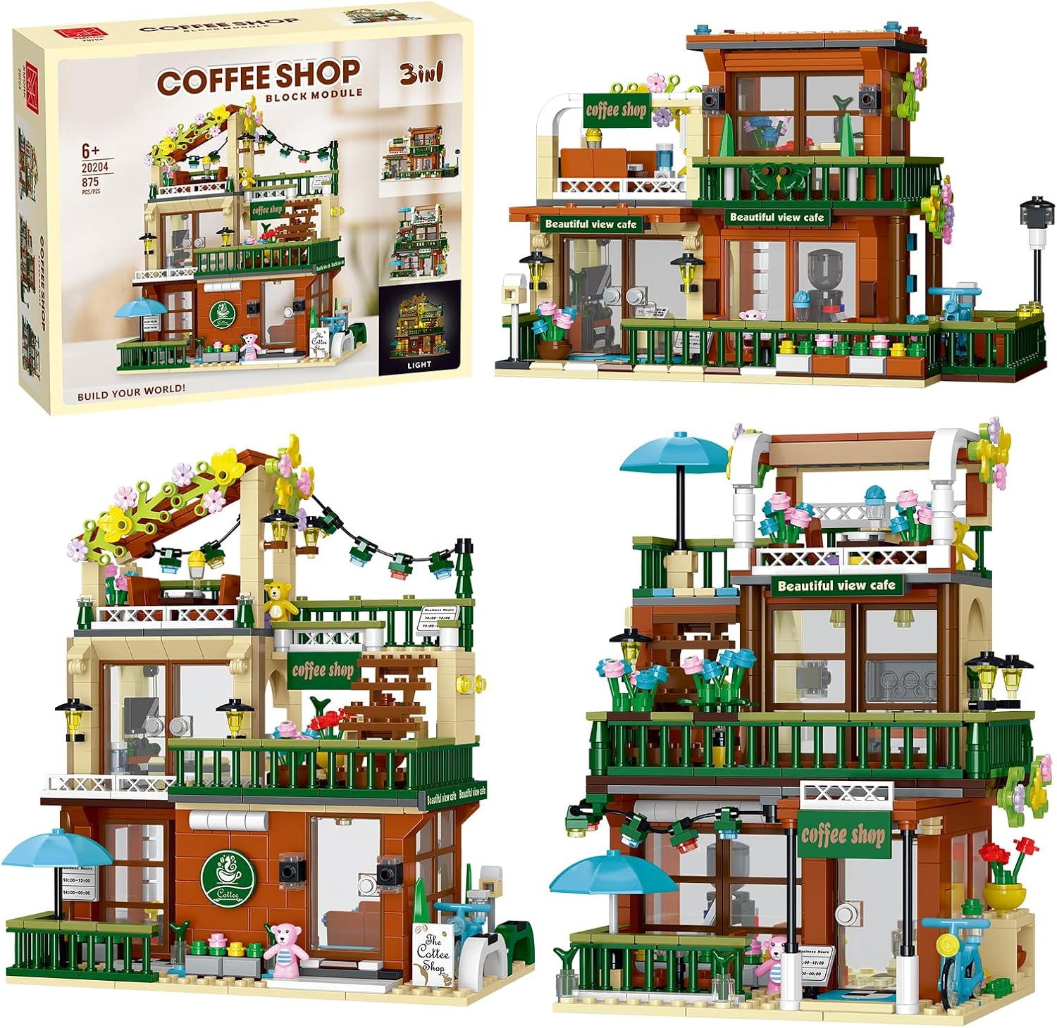3 in 1 Street View Coffee Shop City Building Set, Compatible with City House Modular Simulation Architecture Construction Toy with LED Lights, Gift for Adults and Girls Kids Aged 8+(875 PCS)