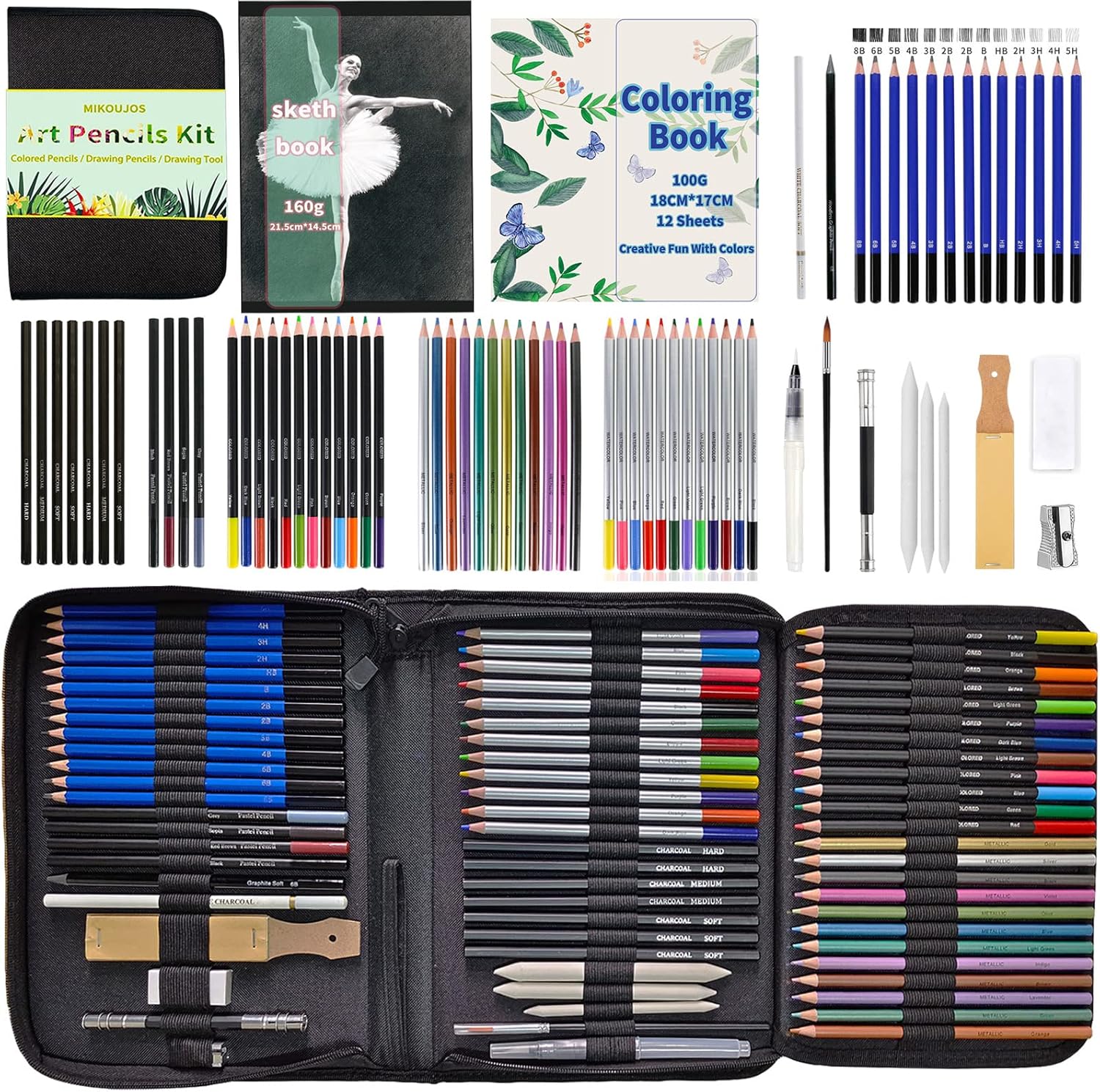 MIKOUJOS 72 pcs Drawing Set Sketch Kit,Drawing Pencils with Coloured Pencil, Sketchbook,Coloring Book,Art Supplies for Adults Artists