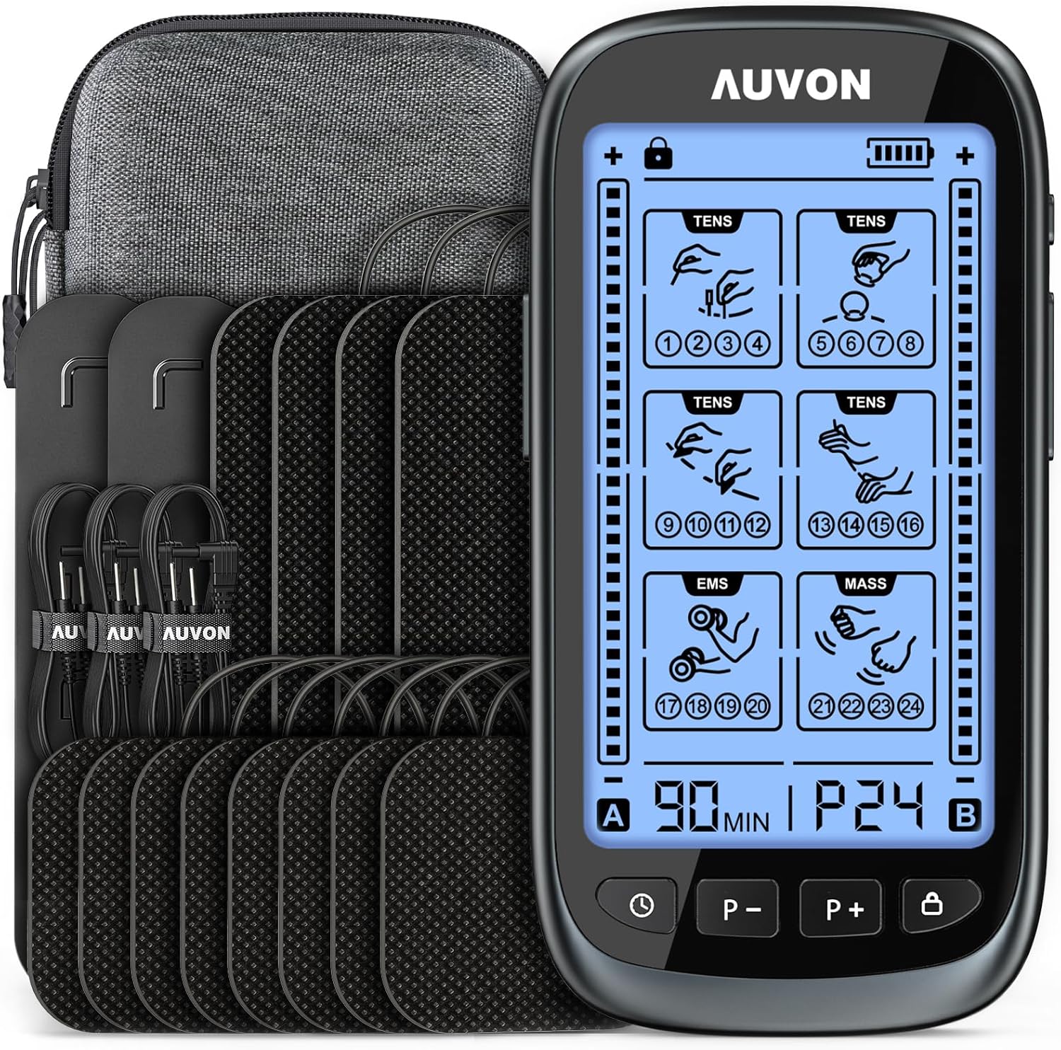 AUVON 3-in-1 TENS Unit Muscle Stimulator, Dual Channel Electronic Pulse Massager, TENS EMS Machine, 24 Modes Muscle Massager for Pain Relief Therapy, EVA Travel Case, 12 Pcs TENS Unit Electrodes Pads