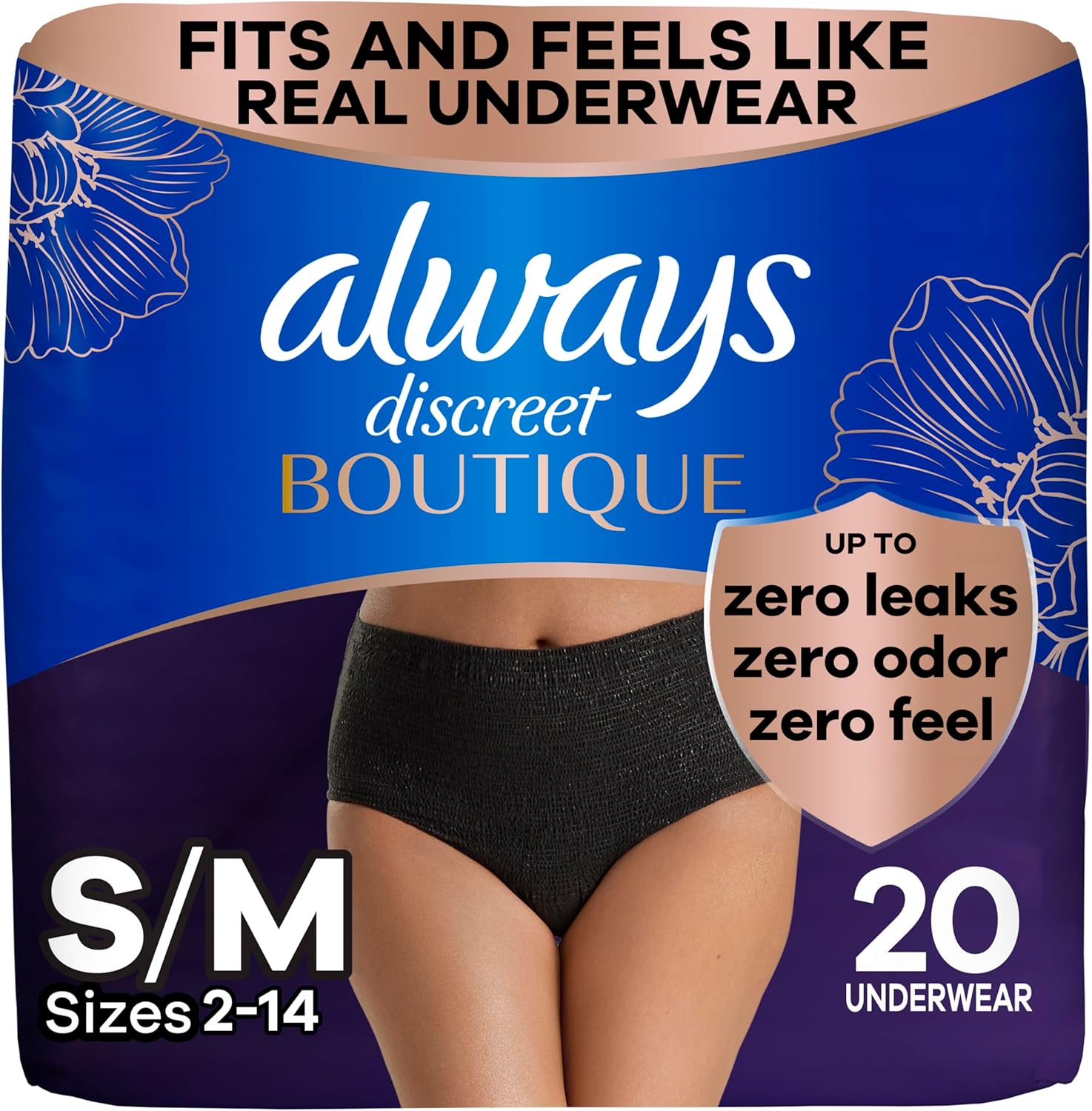 Always Discreet Boutique Incontinence and Postpartum Underwear for Women, Maximum Protection, S/M, Black, 20 Count (Packaging May Vary)