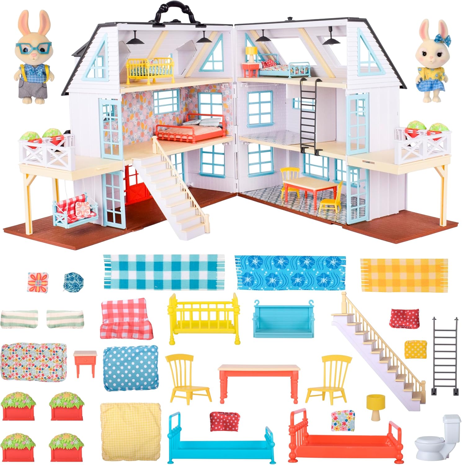 Sunny Days Entertainment Honey Bee Acres Buzzby Farmhouse – 49 Furniture Accessories with 2 Exclusive Figures | 15 Inch Dollhouse Playset | Pretend Play Toys for Kids