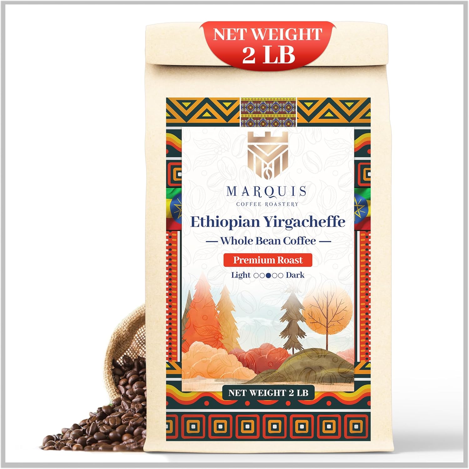 Marquis - Ethiopian Yirgacheffe Coffee Beans, Rich and Bold Whole Bean, Fresh Medium Roast Beans with a Fruity Flavor, Premium Ethiopian Coffee, 2 lb
