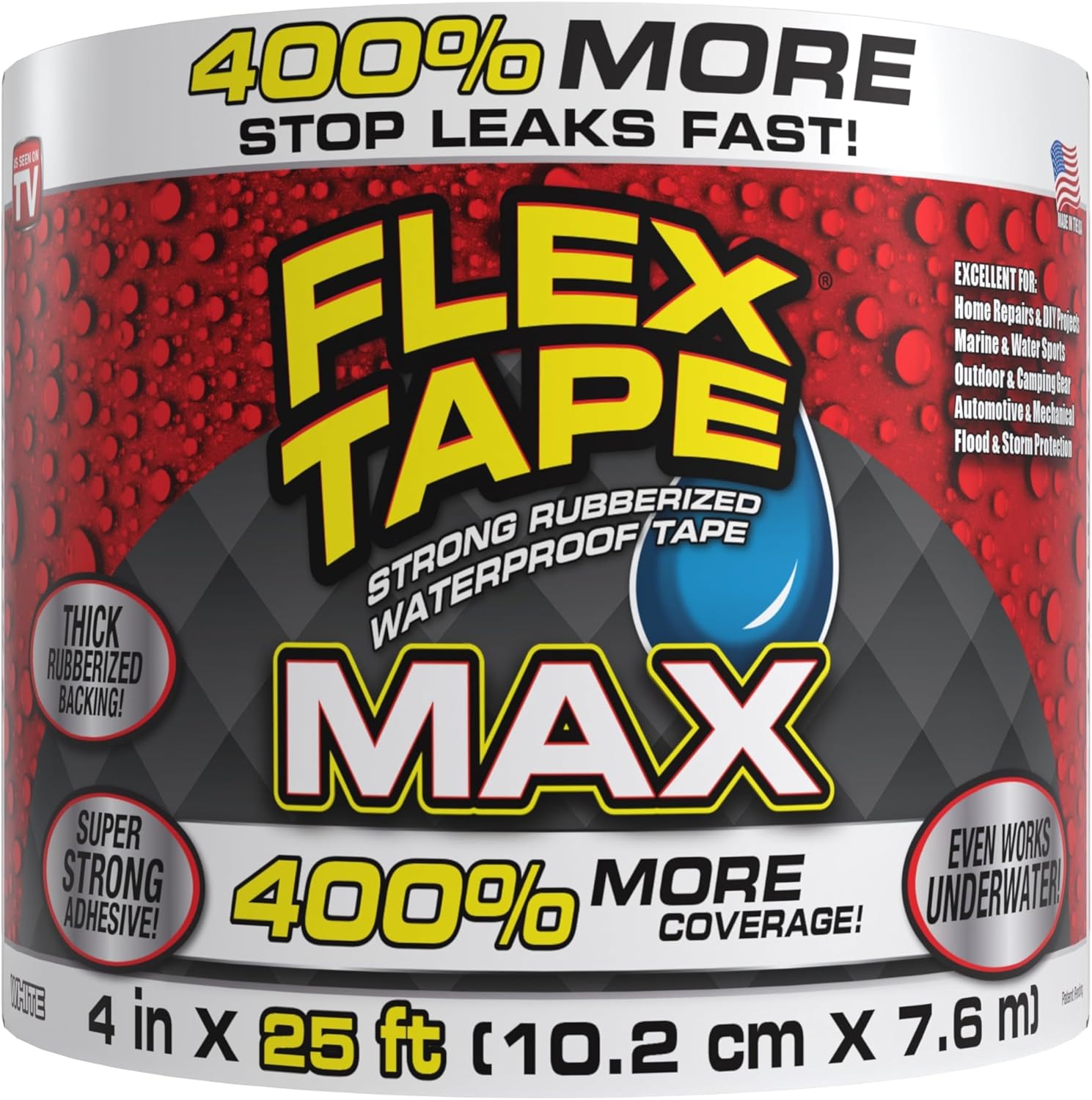 Flex Tape, MAX, Original Thick Flexible Rubberized Waterproof Tape - Seal and Patch Leaks, Works Underwater, Indoor Outdoor - Home RV Roof and Pool Repairs, White, 4 in x 25 ft, Pack of 1