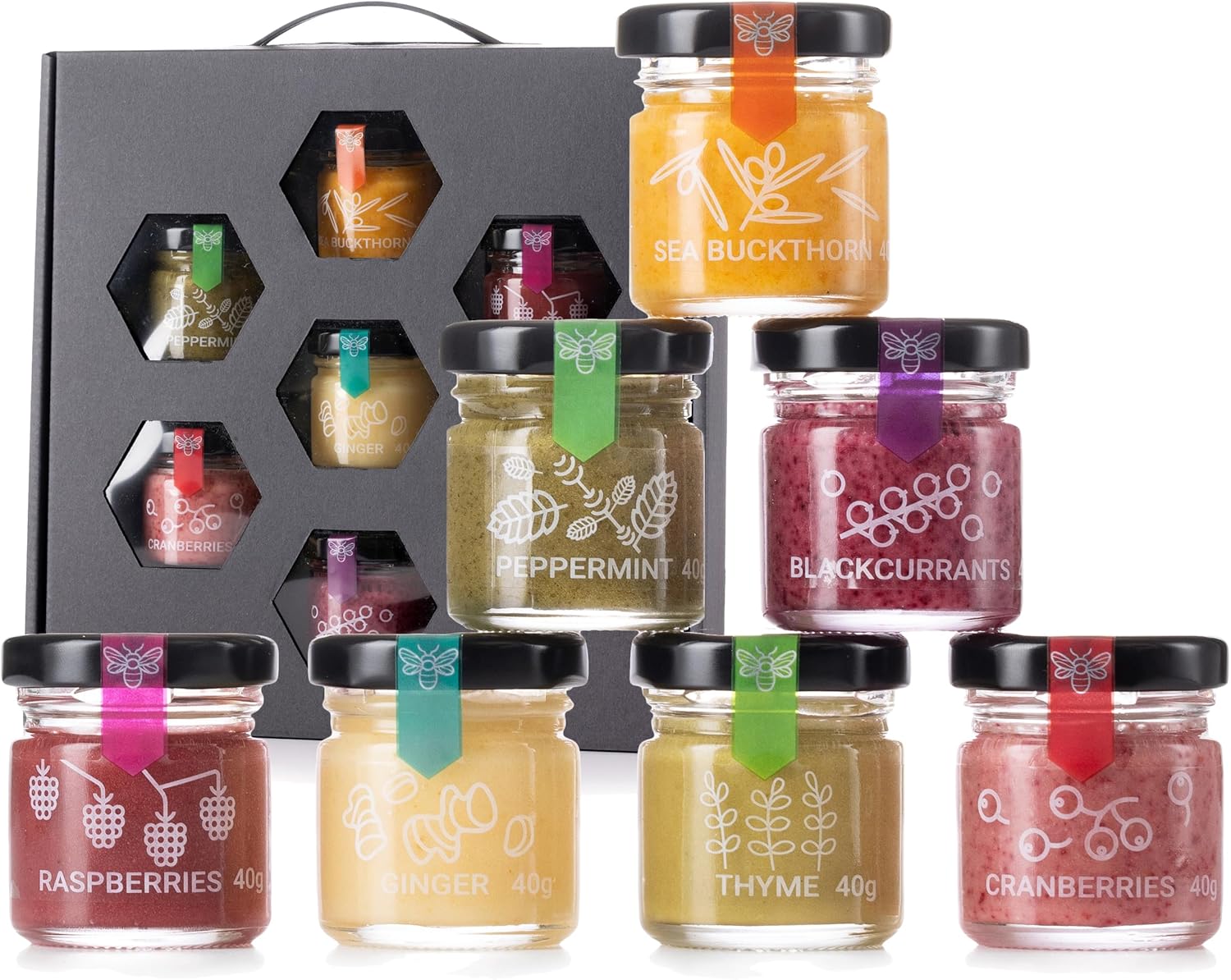 Gourmet Honey Gift Set - 7x40g Mini Jars with Freeze-Dried Berries and Herbs: Ginger, Raspberry, Thyme, Peppermint, Sea Buckthorn - A Sweet and Unique Gift Idea for Any Occasion