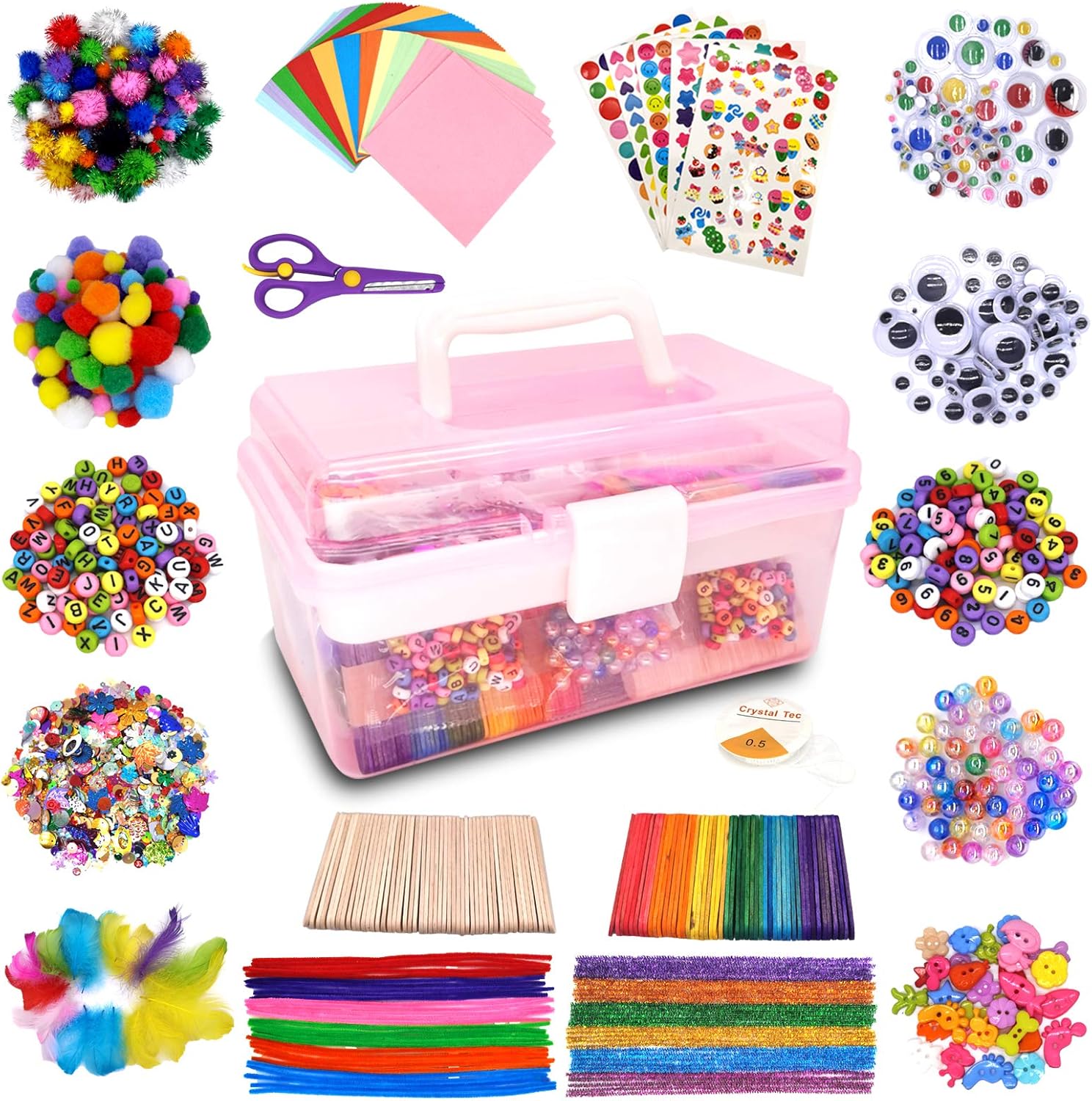 obqo Irichna 1000+ Pcs Kids Craft Box Kit, Toddler Arts and Crafts for Kids includes Pom Poms, Pipe Cleaners, Feather, Folding Craft Box - All in One for Kids Toddler DIY Craft Set (Pink)
