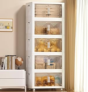 Foldable Storage Bins with Lids 76QT, Stackable Storage Containers with Wheels and Magnetic Doors, Plastic Clothes Closet Organizers and Storage Box for Room, Pantry, Home and Office (5 Pack)