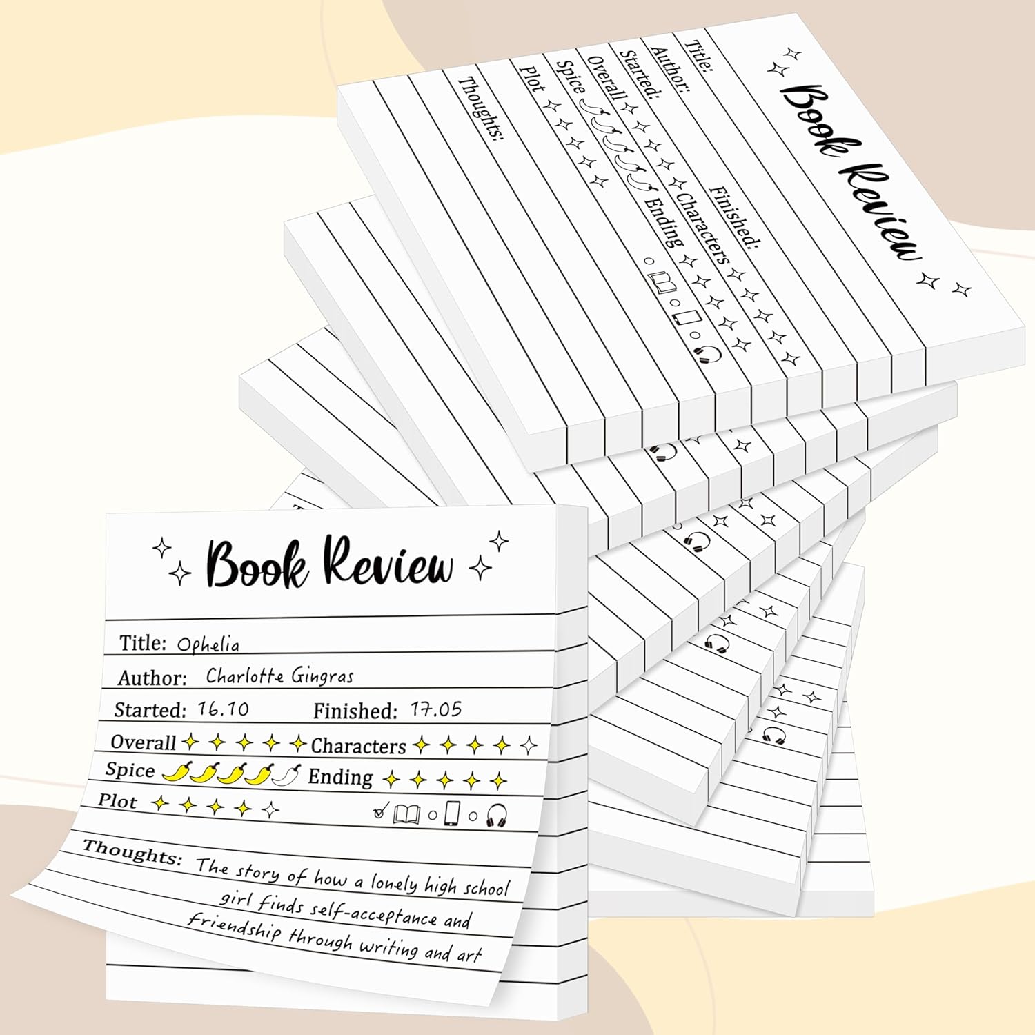 WATINC Book Review Sticker Notes - 6 Pack Writing Memo Pads for Book Lovers Readers, Reading Journals Review Self Stick Notes Pads Back to School Gifts for Bookworm Readers Students