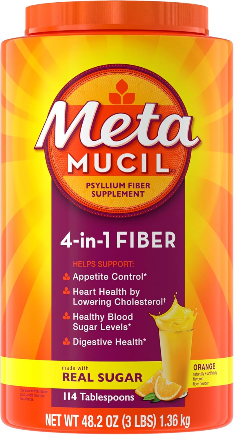 Metamucil 4-in-1 Psyllium Husk Fiber Supplement, Real Sugar, 114 tablespoons, Orange Flavored, Daily Fiber Powder for Digestive Health, made with Plant-Based Psyllium Husk Fiber