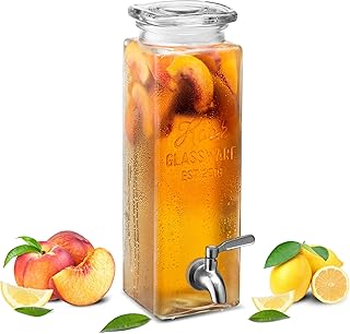 Kook Drink Dispenser, Water Dispenser Countertop, Glass Drink Dispenser, Beverage dispenser, with Leak-Proof Spigot, Clear Rectangular Jar, Storage for Party, Fridge, for Water, Iced Tea, 80 oz