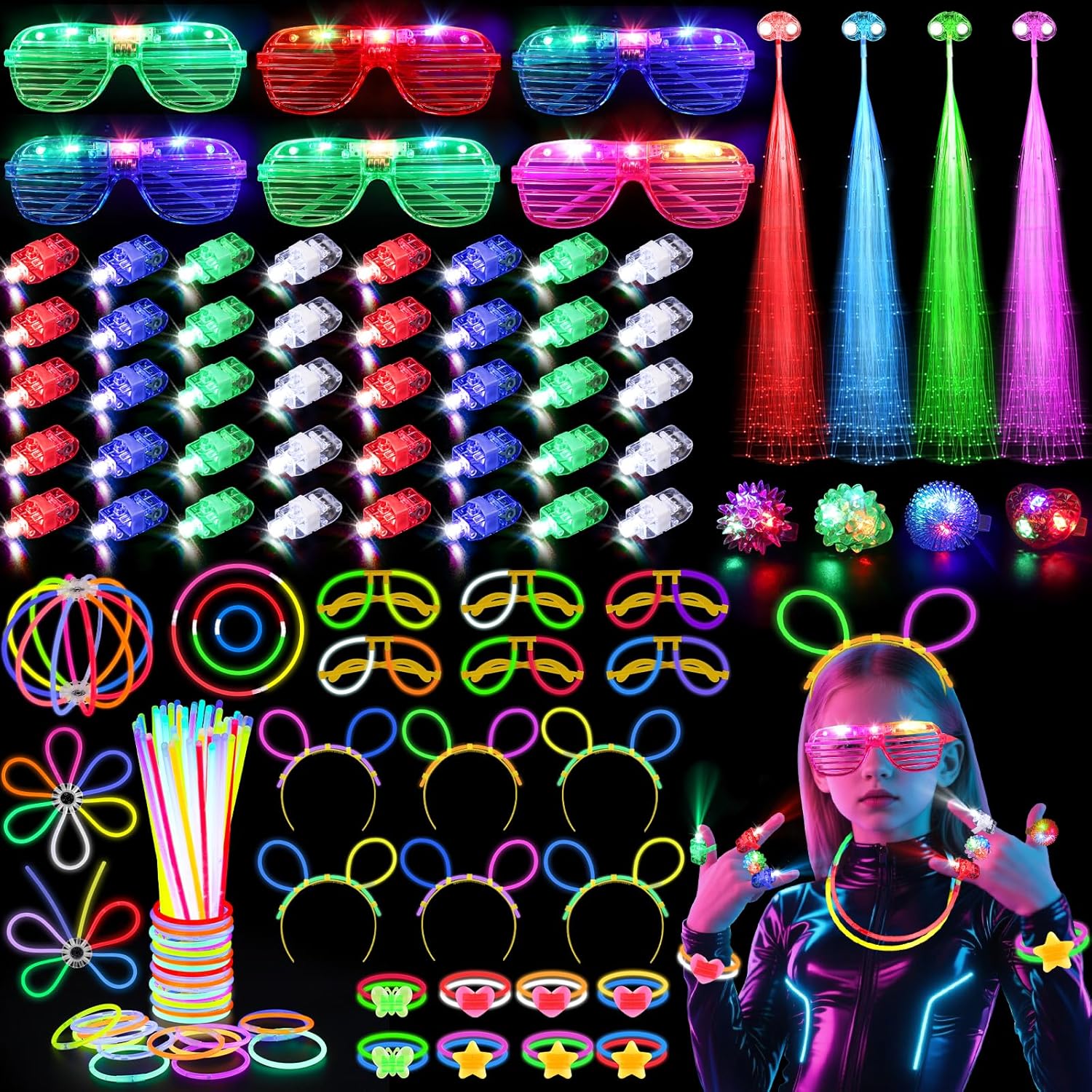 Glow in the Dark Party Supplies for Kids Adults, 128PCS Light Up Party Favors with LED Glasses, LED Hair Clips,Finger Lights, Rings, Glow Sticks, Neon Bracelets Headbands Molds for Halloween Raves