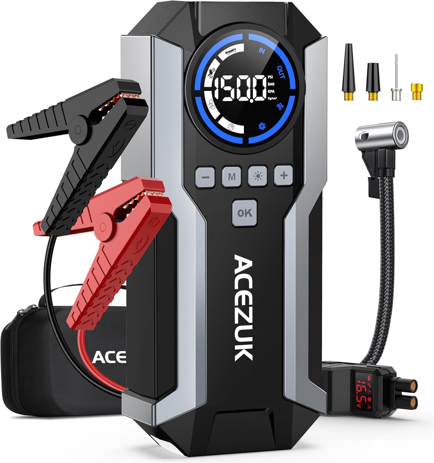 Jump Starter with Air Compressor, 8000A 150PSI Car Jump Starter (All Gas/10.0L Diesel), 12V Battery Jump Starters, Portable Jumper Cables, LCD Display and LED Lights