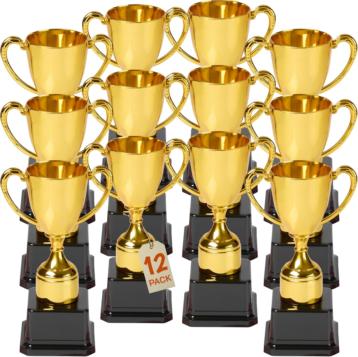 Playbees Fun Gold Plastic Trophies - 12 Pack - 7 Inch - Award Trophy Cup Set for Superstar Kids - Champion Celebrations, Sports Galore, and Victory Vibes - Desktop Toy
