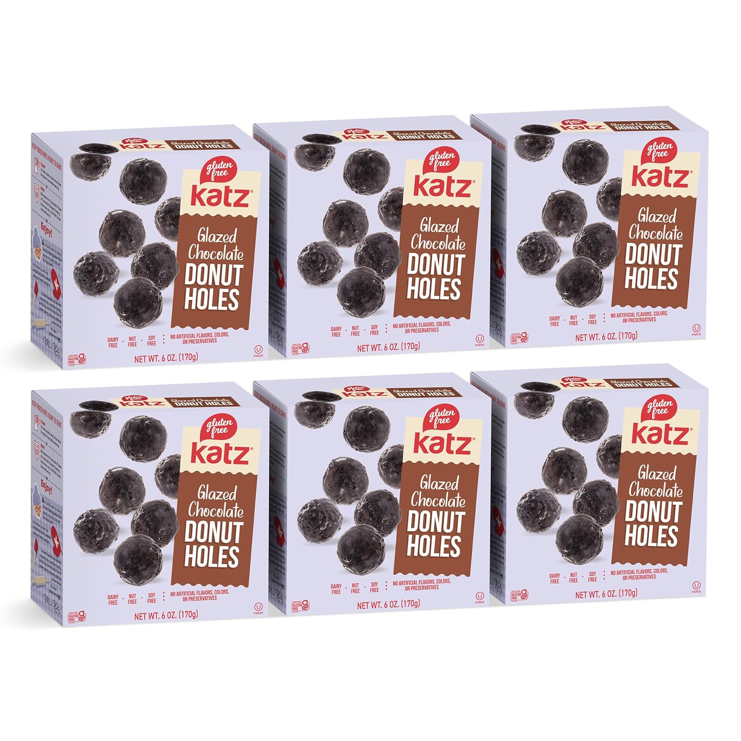 Katz Gluten Free Glazed Chocolate Donut Holes | Dairy Free, Nut Free, Soy Free, Gluten Free | Kosher (6 Packs, 6 Ounce Each)