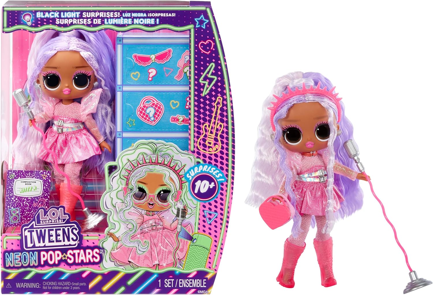 L.O.L. Surprise! Tweens Neon Pop Stars - Kitty K - 1 Fashion Doll, with Backlight Surprises and 10+ Pop Star Fashions and Accessories Including Retro Mic Stand, Present for Kids Ages 4+