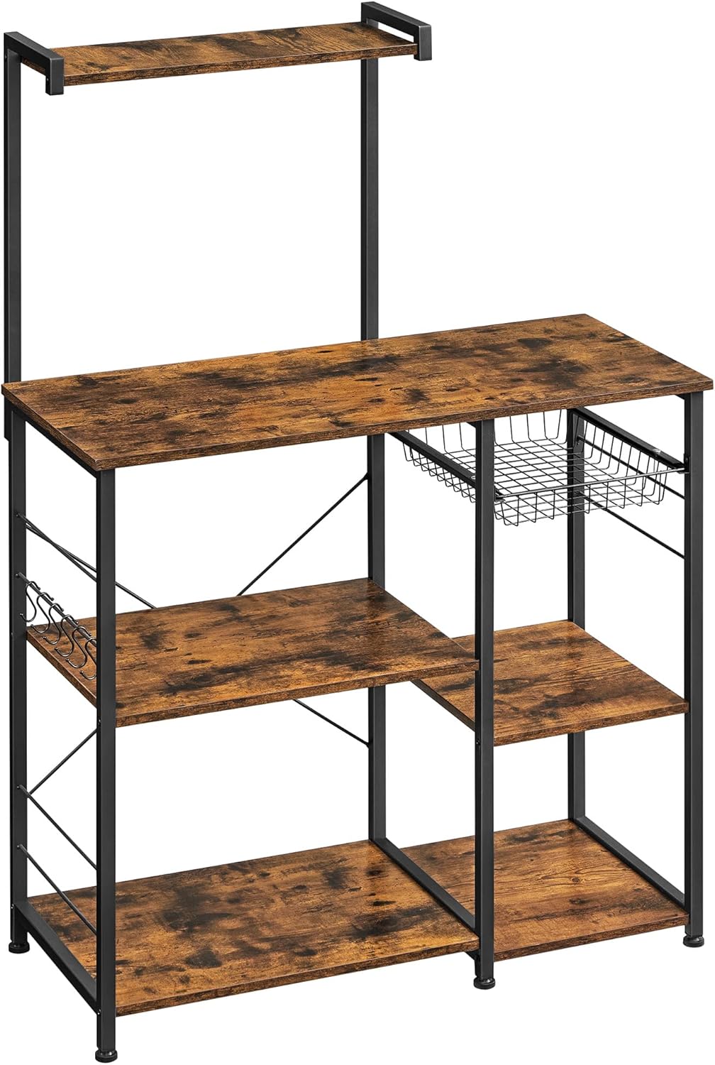 VASAGLE Baker’s Rack with Shelves, Microwave Stand with Wire Basket, 6 S-Hooks, Kitchen Shelf, Utility Storage for Spices, Pots, and Pans, Rustic Brown KKS35X