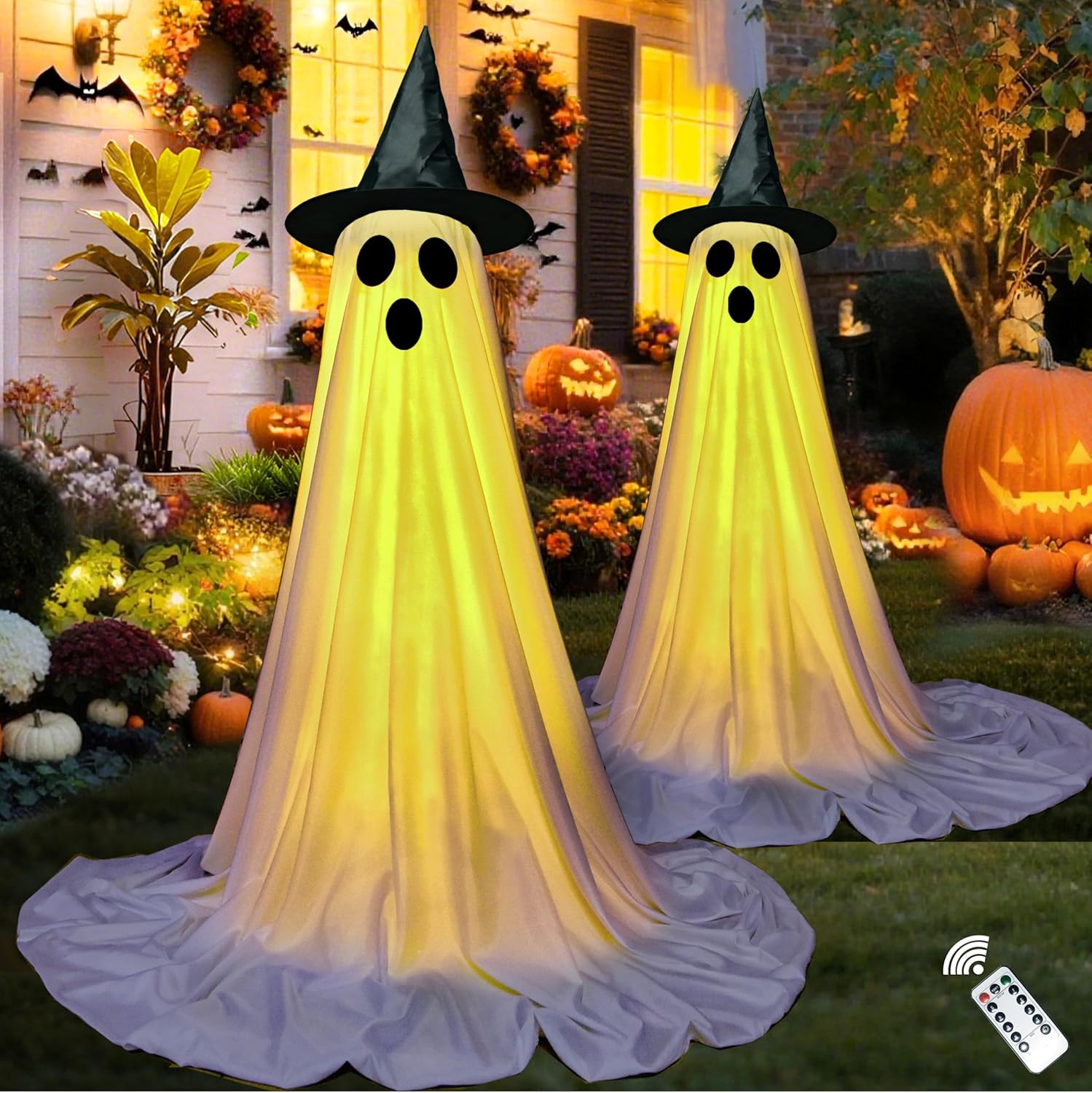 2Packs Halloween Decorations-Halloween Decorations Outdoor,Light Up Spooky Ghost Decoration Indoor with Remote Control LED String Lights,Ghost Outside Decor for Yards Porch Gardens Lawn Party