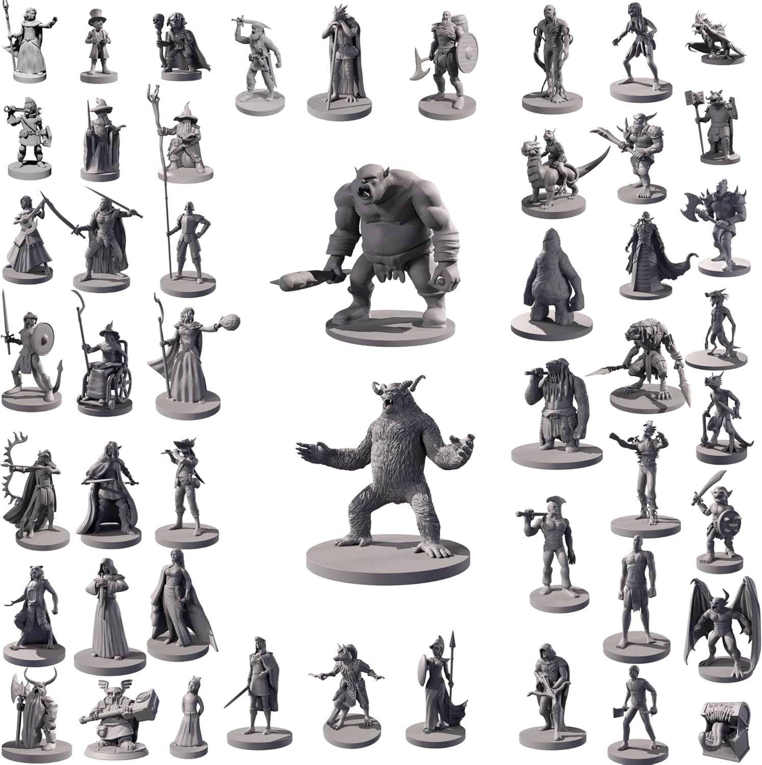 50 Unique Miniatures Fantasy Tabletop RPG Figures for Dungeons and Dragons, Pathfinder Roleplaying Games. Bulk unpainted, Great for D&D