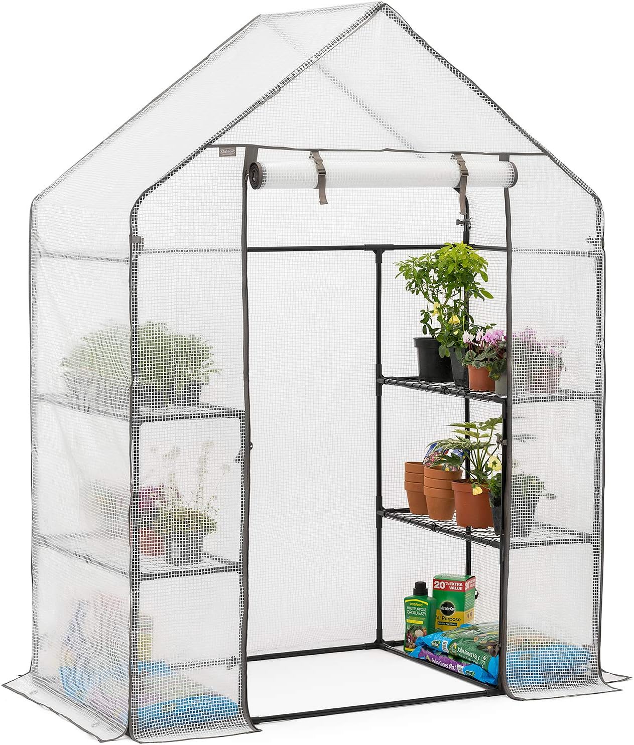 Christow Walk In Greenhouse With Shelves, Large Reinforced Green House With Tubular Steel Frame, 4 Shelf Heavy Duty Growhouse, 6ft 4in x 4ft 7in x 2ft 4in