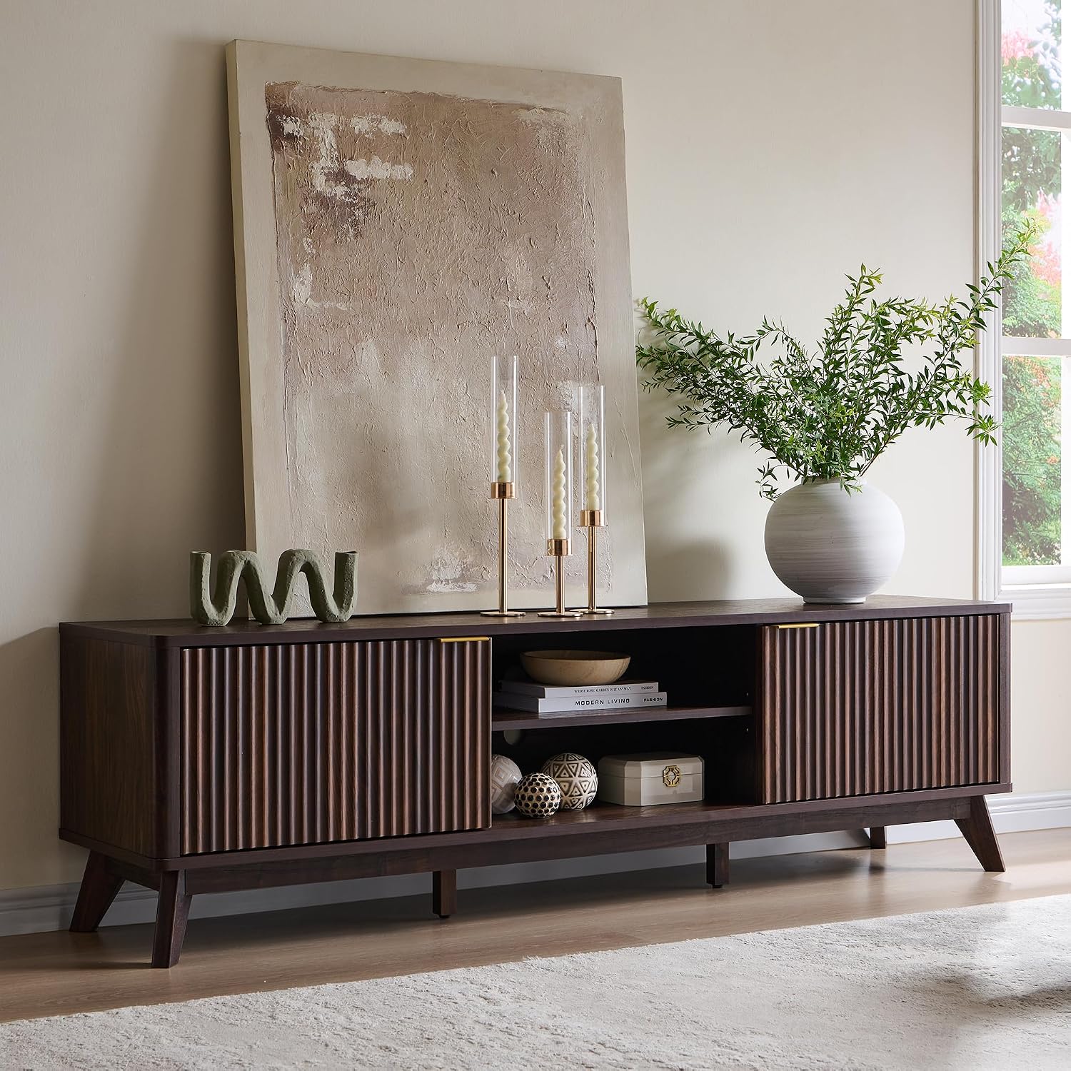 OKD 70" Mid Century Modern Fluted TV Stand w/ 2 Soft Close Door,Dark Walnut