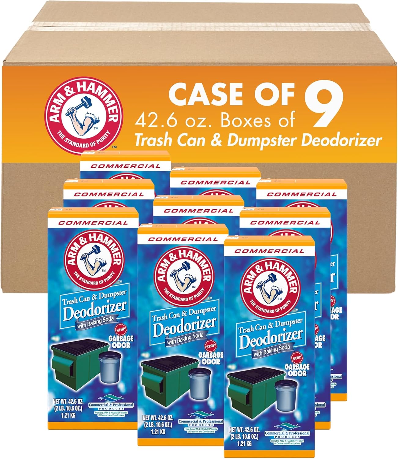 Arm & Hammer 3320084116CT Trash Can & Dumpster Deodorizer, Sprinkle Top, Original, Powder, 42.6 oz (Case of 9)