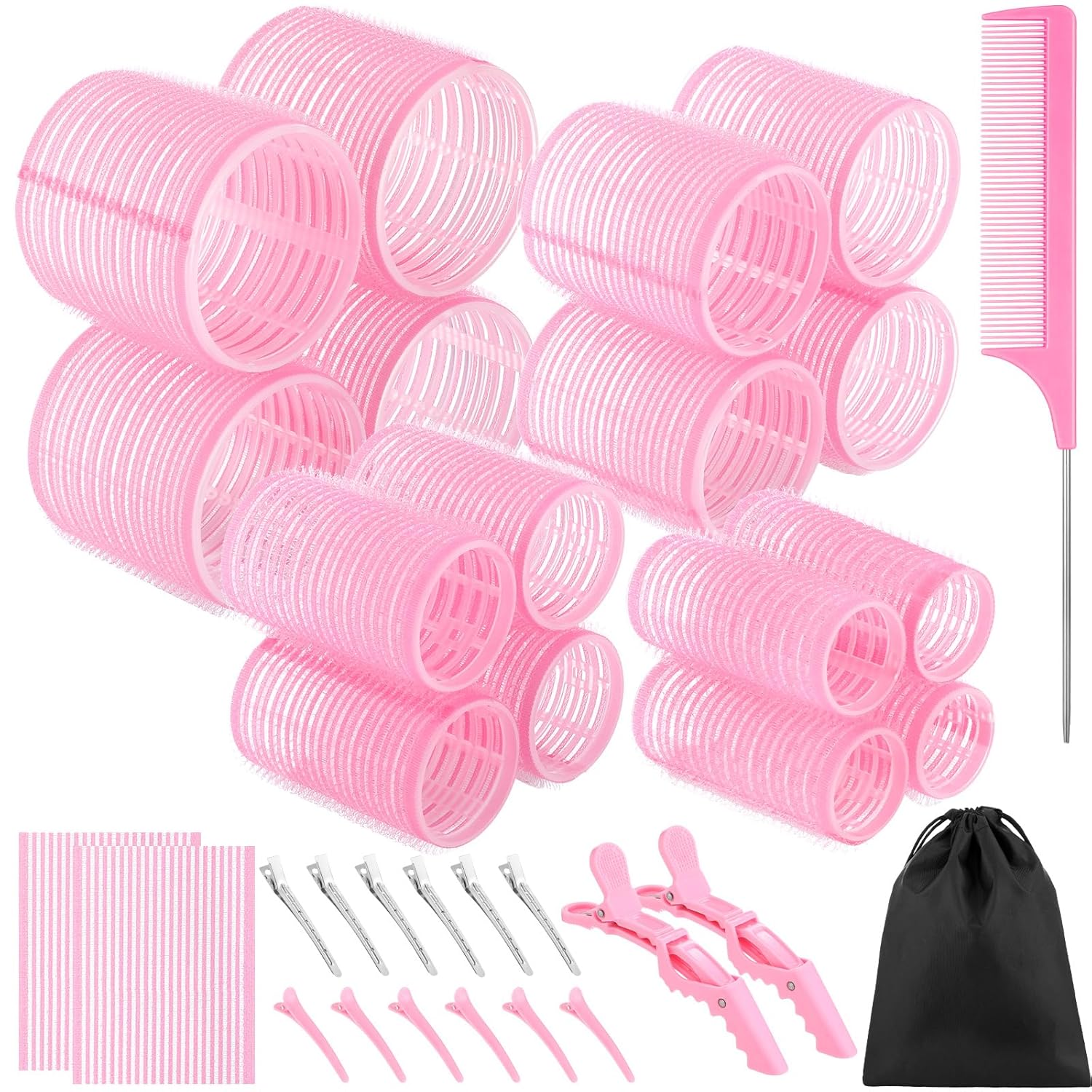 4 Sizes Self Grip Hair Rollers Set, 16 Pink Hair Rollers for Women with 17 Hair Clips Rat Tail Comb, Hair Rollers Curlers for Volume Long Medium Short Hair