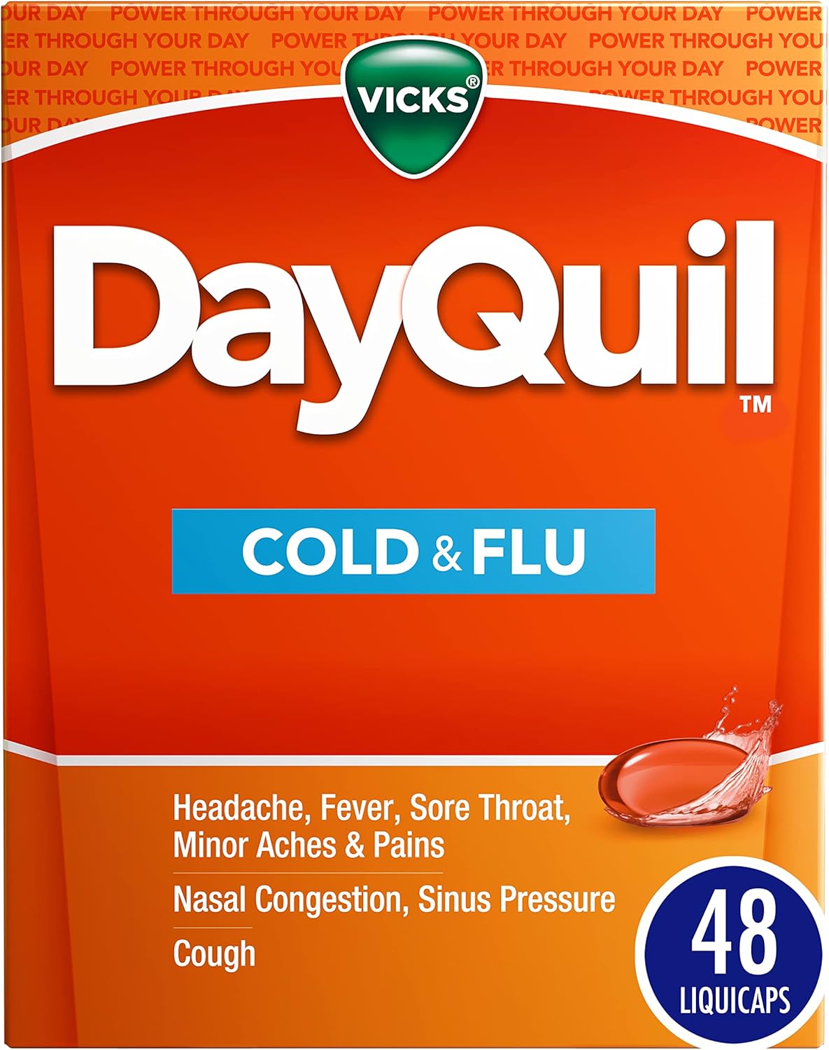 Vicks DayQuil Cold & Flu Medicine, Non-Drowsy Powerful Multi-Symptom Daytime Relief for Headache, Fever, Sore Throat, Minor Aches and Pains, Nasal Congestion, Sinus Pressure and Cough, 48 Liquicaps