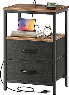 Nightstand with Charging Station, Side Table with Fabric Drawers, End Table with Open Shelf, Bedside Table with USB Ports and Outlets, Night Stand for Bedroom, Rustic Brown and Black