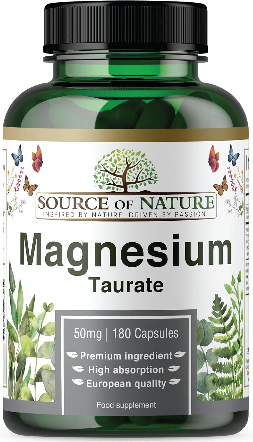Source of Nature® | Magnesium Taurate 625mg | 180 Capsules | 45-Day Supply | 50mg Elemental | High Absorption | Gentle on Stomach | Lab-Tested Purity