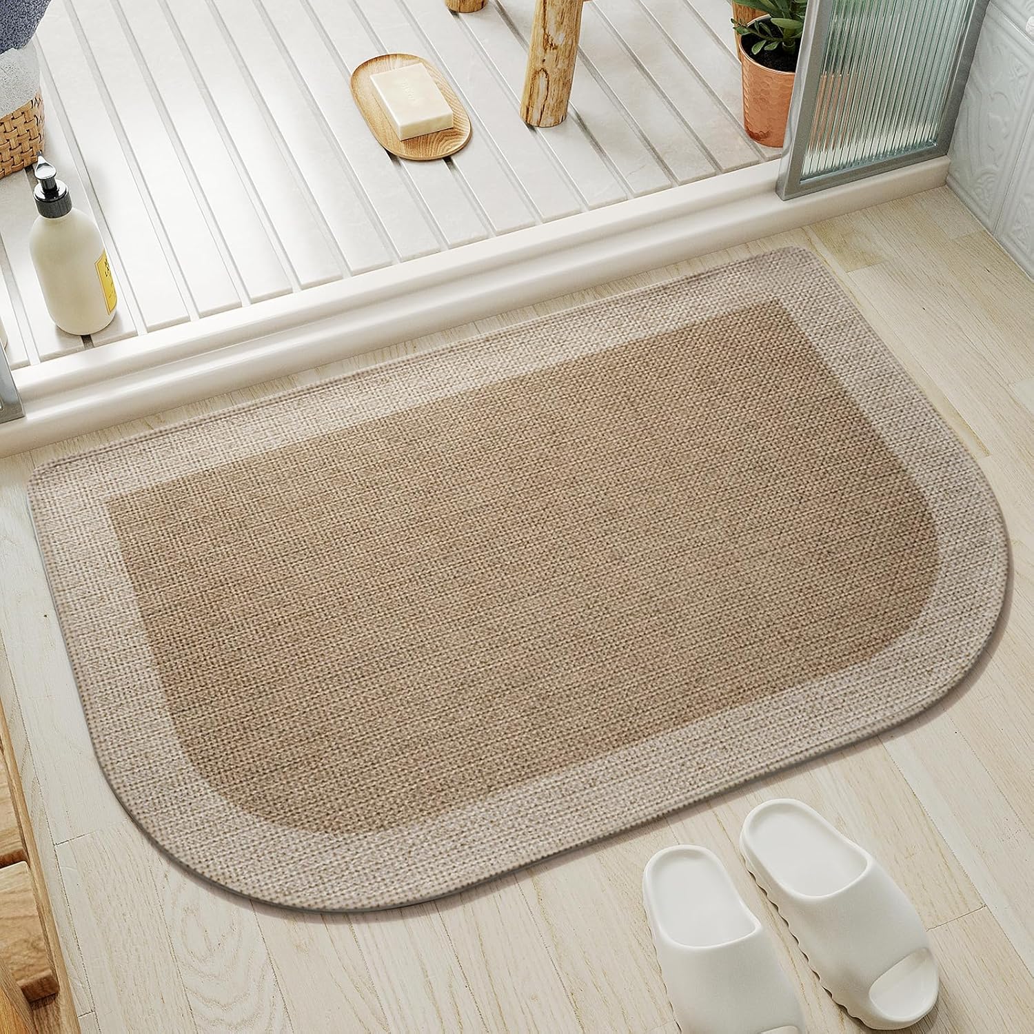 Half Circle Bath Mat,Thin Bathroom Rugs Fit Under Door Quick Dry Non Slip Washable Bathroom Mat with Rubber Backing,Absorbent Woven Half Round Shower Rug, Brown Beige 16x24