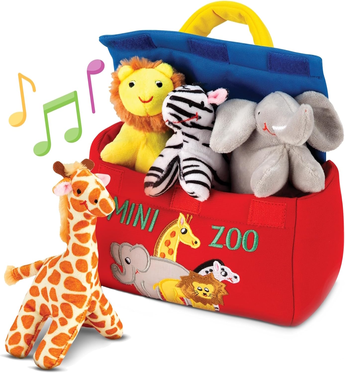 Bundaloo Plush Mini Zoo Playset - Giraffe, Elephant, Lion, Zebra - Interactive Animals, Carrier with Velcro Closure, Natural Sound Effects for Babies and Toddlers