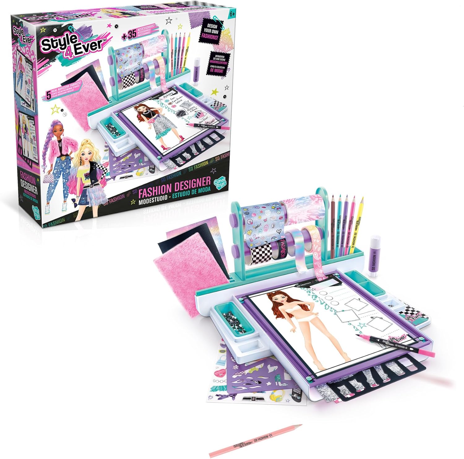 Style 4 Ever Fashion Designer Studio, Real Adhesive Fabrics, Design from Scratch, Stickers, Gems, Pencils, Gluestick + More!