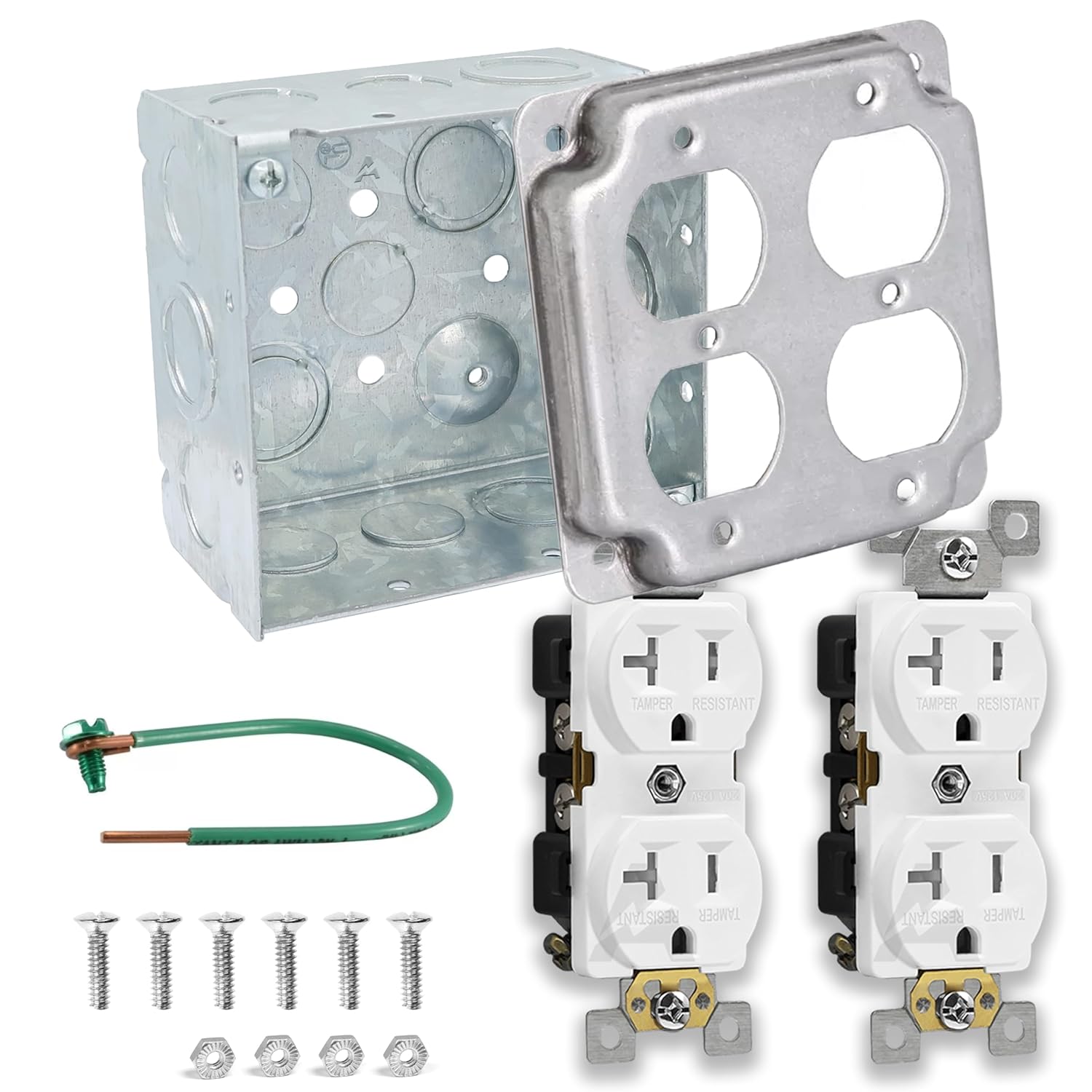Outlet Box Kit, Includes 4x4'' Welded Metal Electrical Box, 2 Tamper Resistant 20 Amp Duplex Receptacle Outlets, Duplex Receptacle 4x4'' Cover, 16 Knockouts, Green Pigtail Grounding Wire and Screw