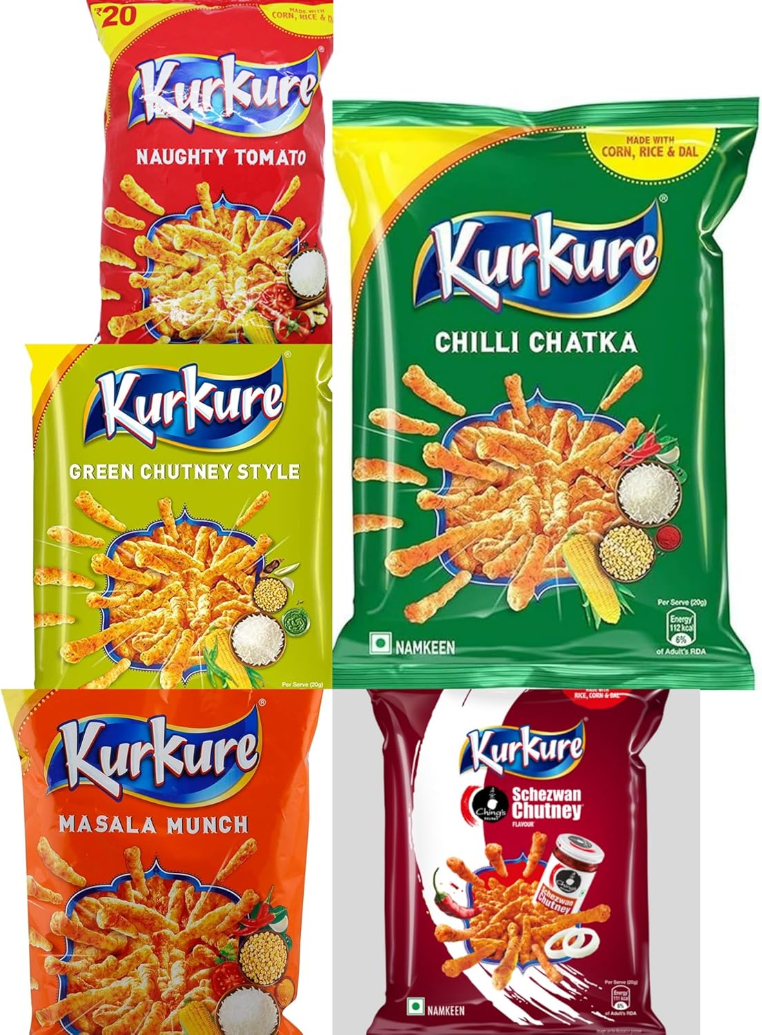 Kurkure Indian Snacks Variety (Pack of 5) Flavours - Naughty Tomato, Chilli Chatka, Green Chutney Style, Masala Munch, Schezwan Chutney (Pack of 3, All)