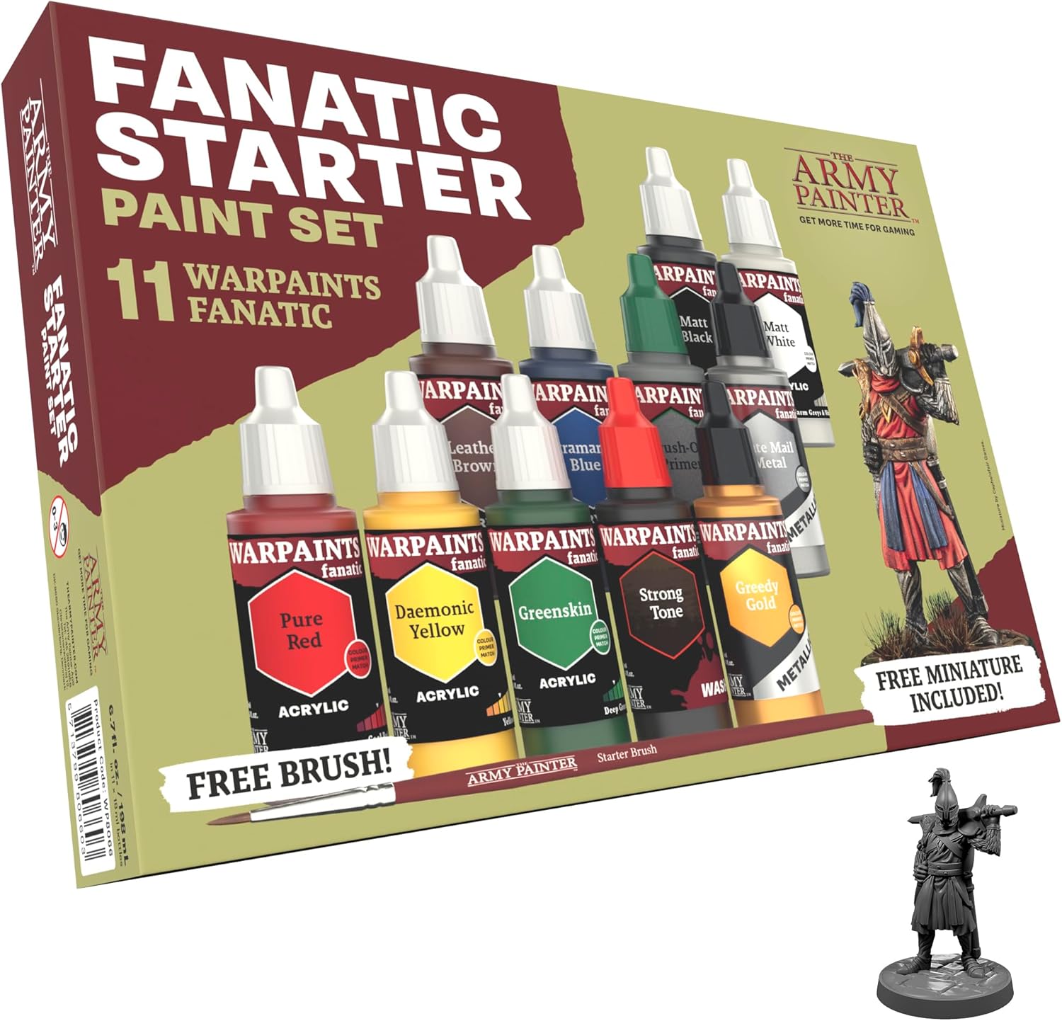 The Army Painter Warpaints Fanatic: Starter Set, 11 x 18 ml Acrylic Paints, incl. Metallics, Wash, Brush-On Primer, 1 Miniature 28 mm & 1 Brush - Miniature paint set for D&D & Warhammer Figures