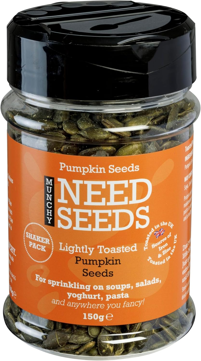 MUNCHY SEEDS Lightly Toasted Pumpkin Seeds 150g Nutty, Crunchy Seeds for Snacking, Topping Salads, Cereal, Baked Goods, Source of Protein, Fiber, Essential Nutrients - Gluten-Free, Convenient Shaker
