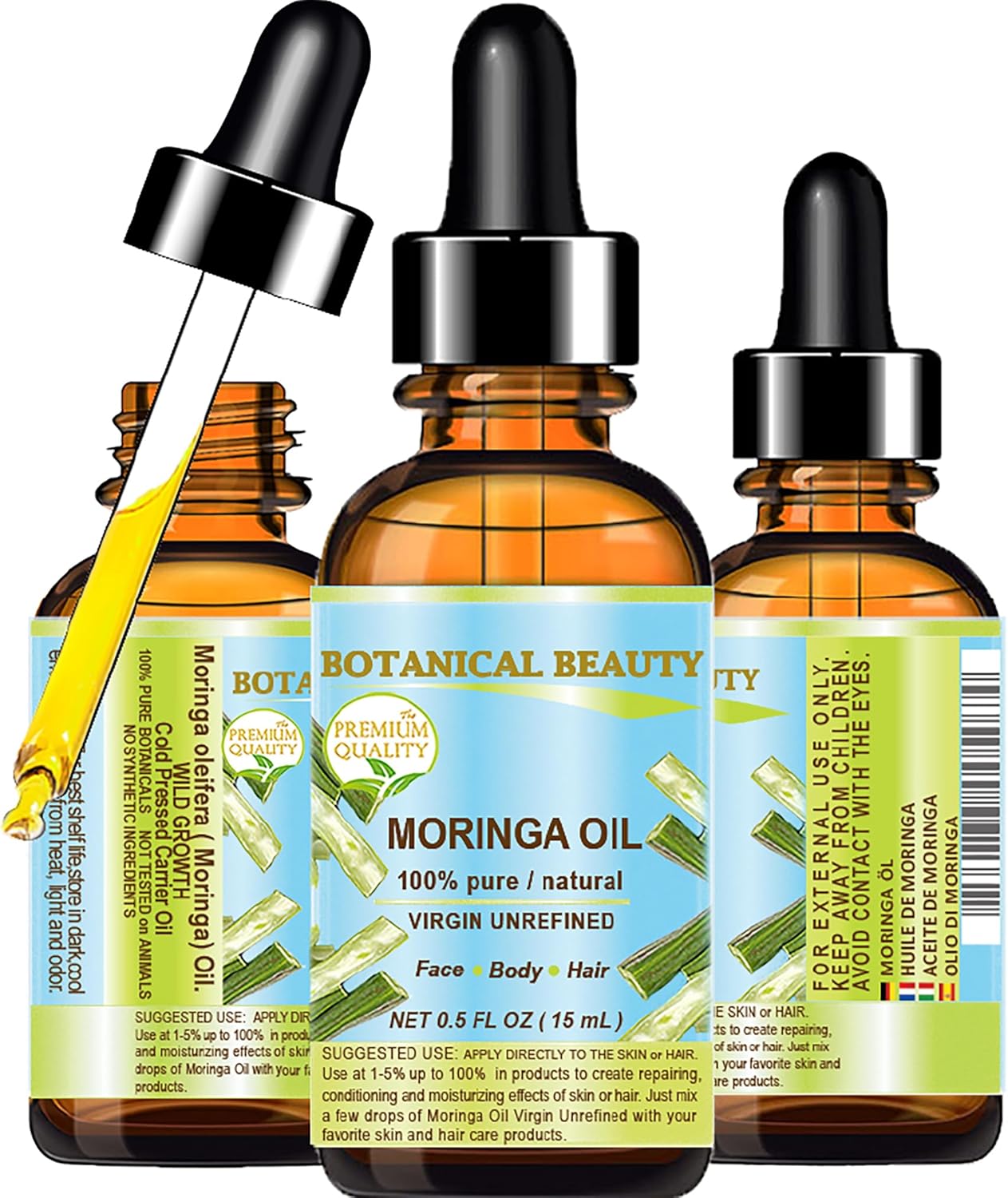Botanical Beauty MORINGA OIL Moringa oleifera WILD GROWTH Himalayan. 100% Pure Natural Undiluted Virgin Unrefined 0.5 Fl.oz.- 15 ml for Face, Skin, Hair, Lip, Nails