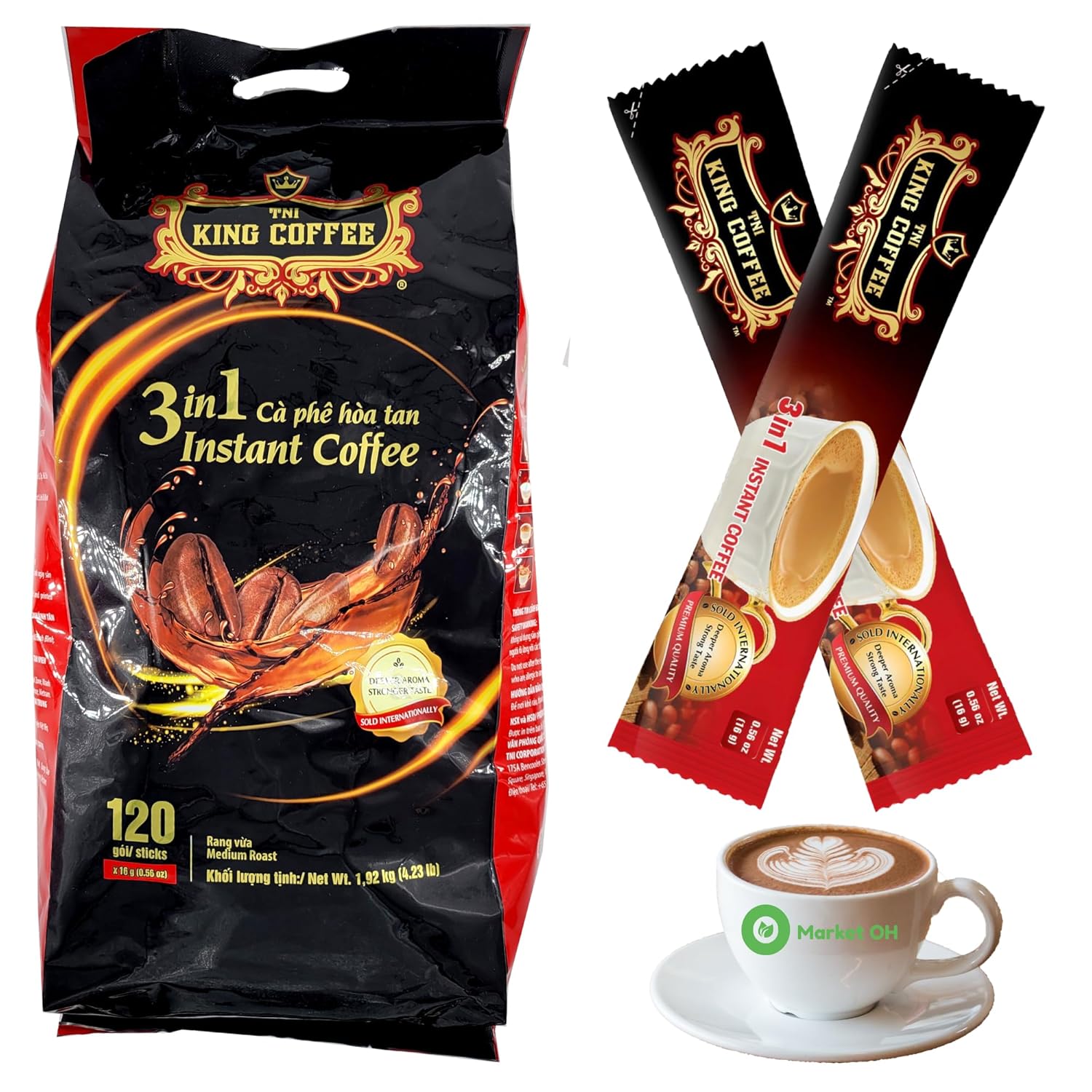 TNI King Coffee 3 in 1 Instant Vietnamese Coffee, 120 Single Serve Packets - Individual Wrapped Pocket Size Sachet Sticks, Cream, Powder, and Sugar - Bulk Size Pack